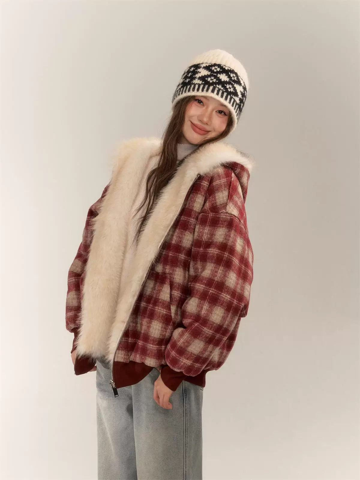 AsGony ASG24674 Double sided plaid plush jacket