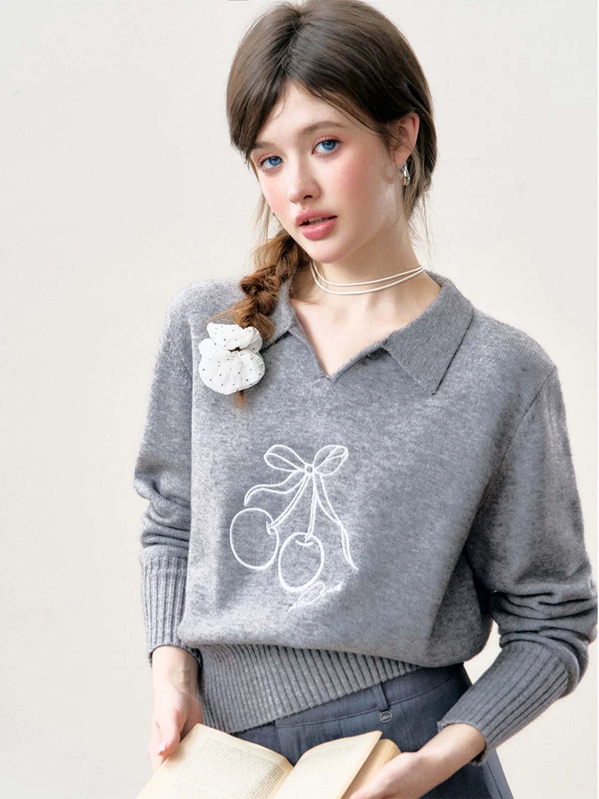 16DEWS 16D24278 Cherry Embroidered Polo Collar Top