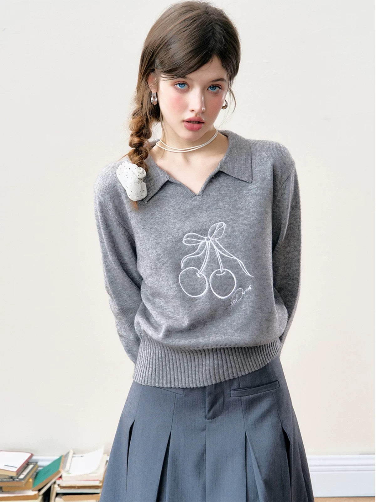 16DEWS 16D24278 Cherry Embroidered Polo Collar Top