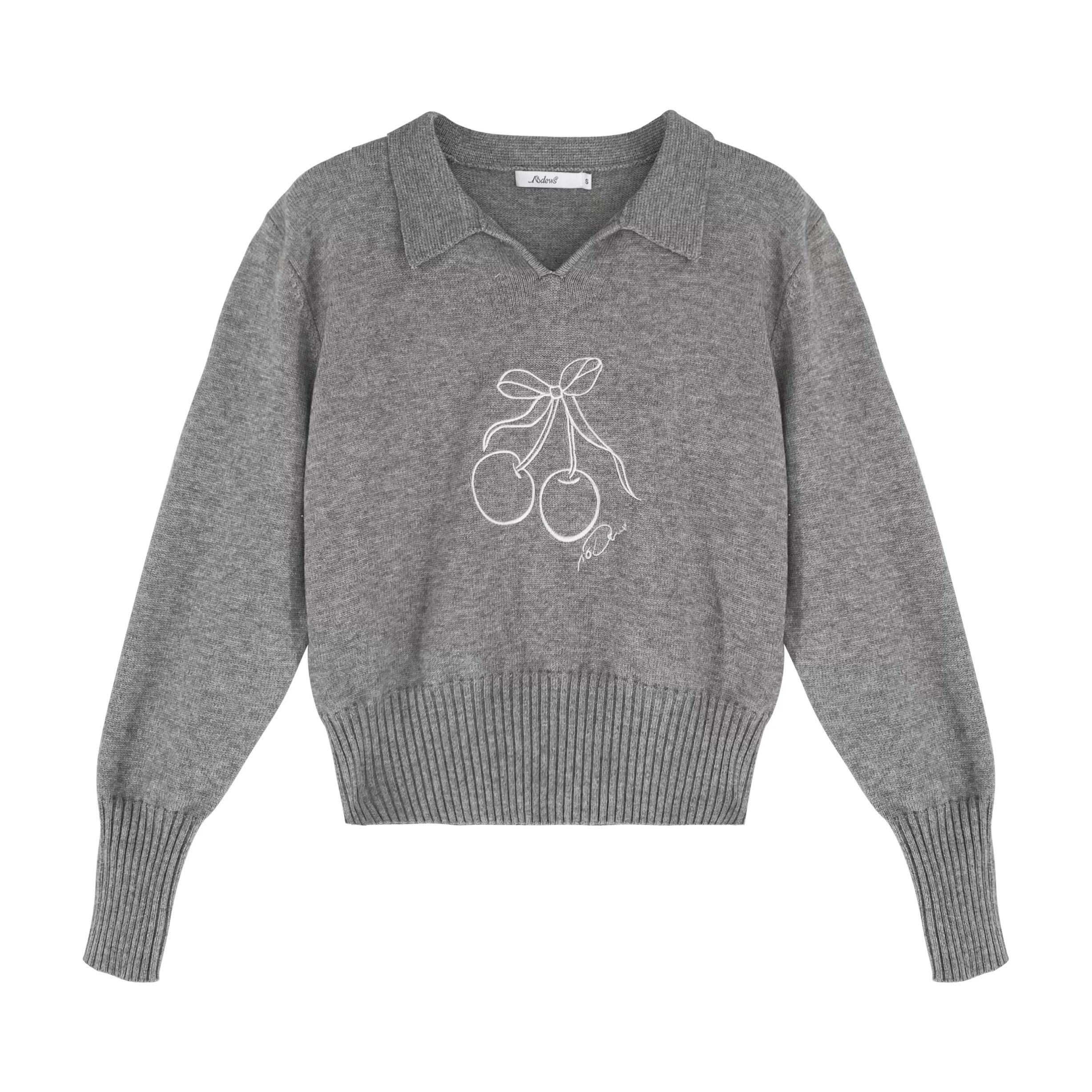 16DEWS 16D24278 Cherry Embroidered Polo Collar Top