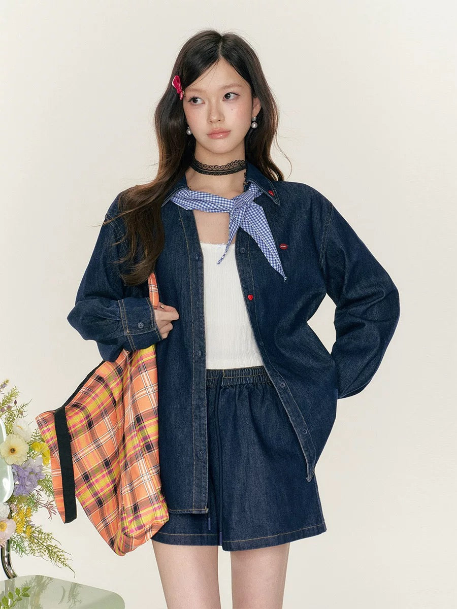 16DEWS 16D25047&16D25048 Heart Embroidered Cowboy Shirt + Shorts Set