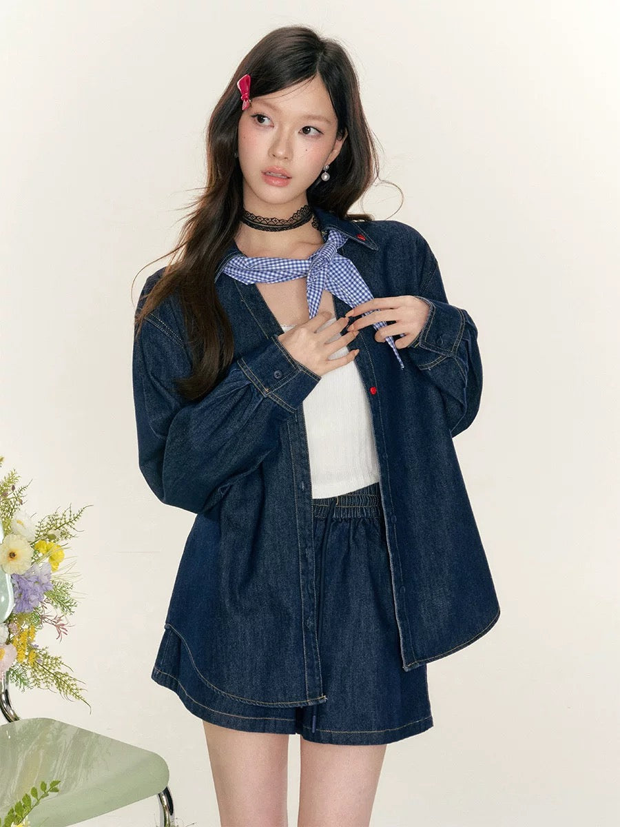 16DEWS 16D25047&16D25048 Heart Embroidered Cowboy Shirt + Shorts Set