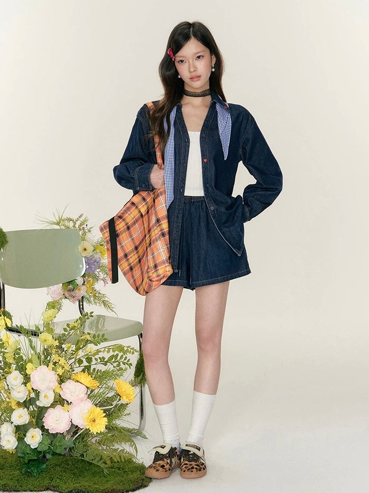 16DEWS 16D25047&16D25048 Heart Embroidered Cowboy Shirt + Shorts Set