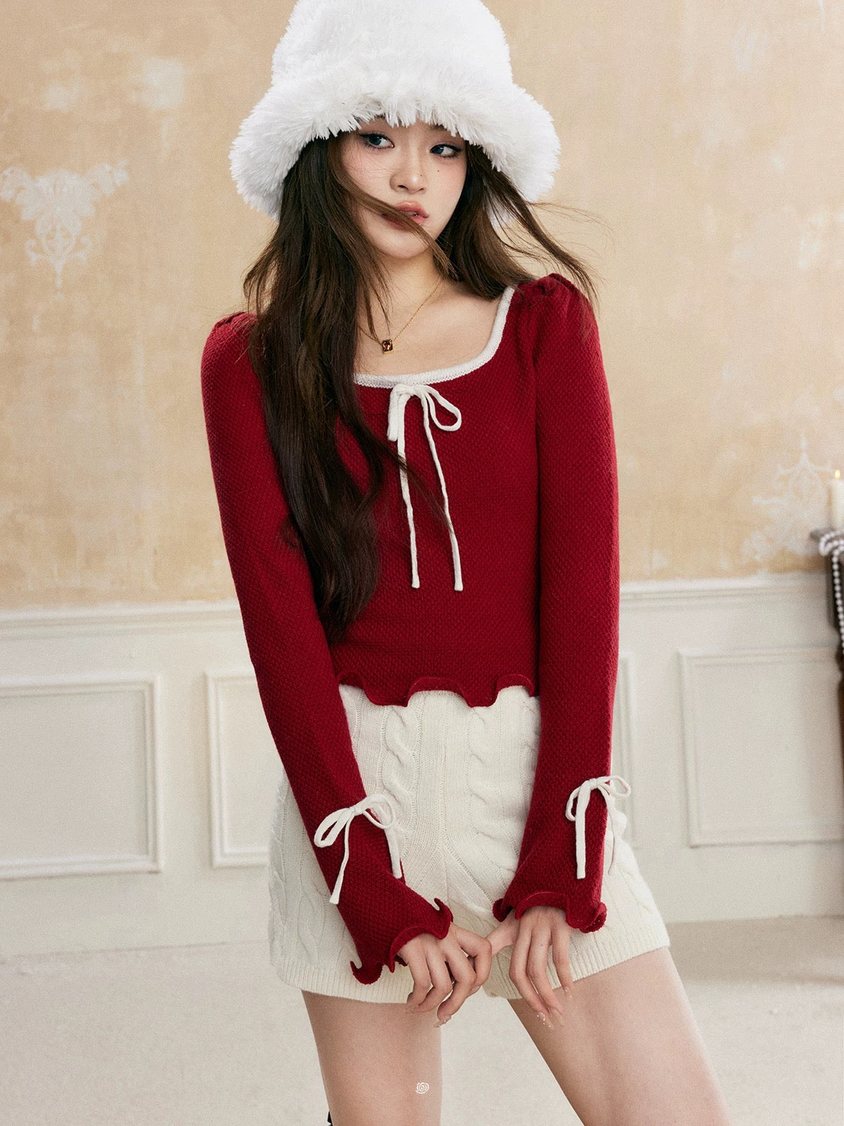 16DEWS 16D23323 Christmas Red Bow Knitted Sweater