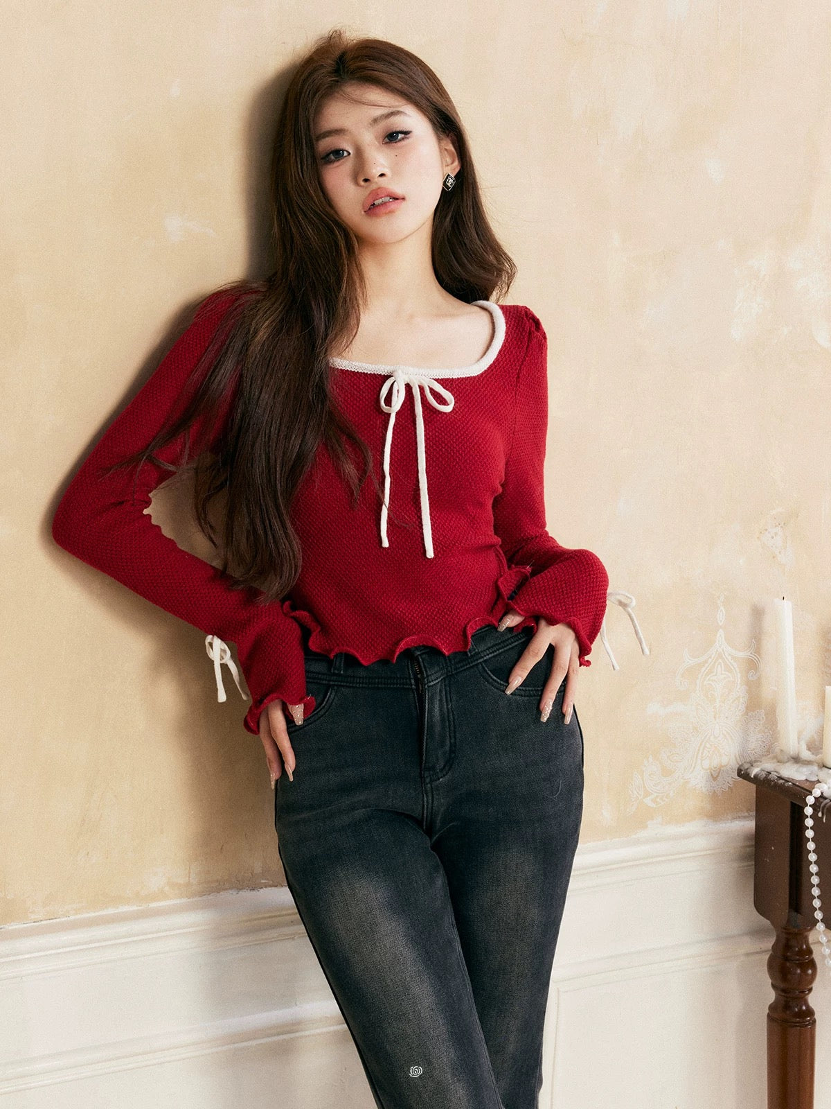 16DEWS 16D23323 Christmas Red Bow Knitted Sweater