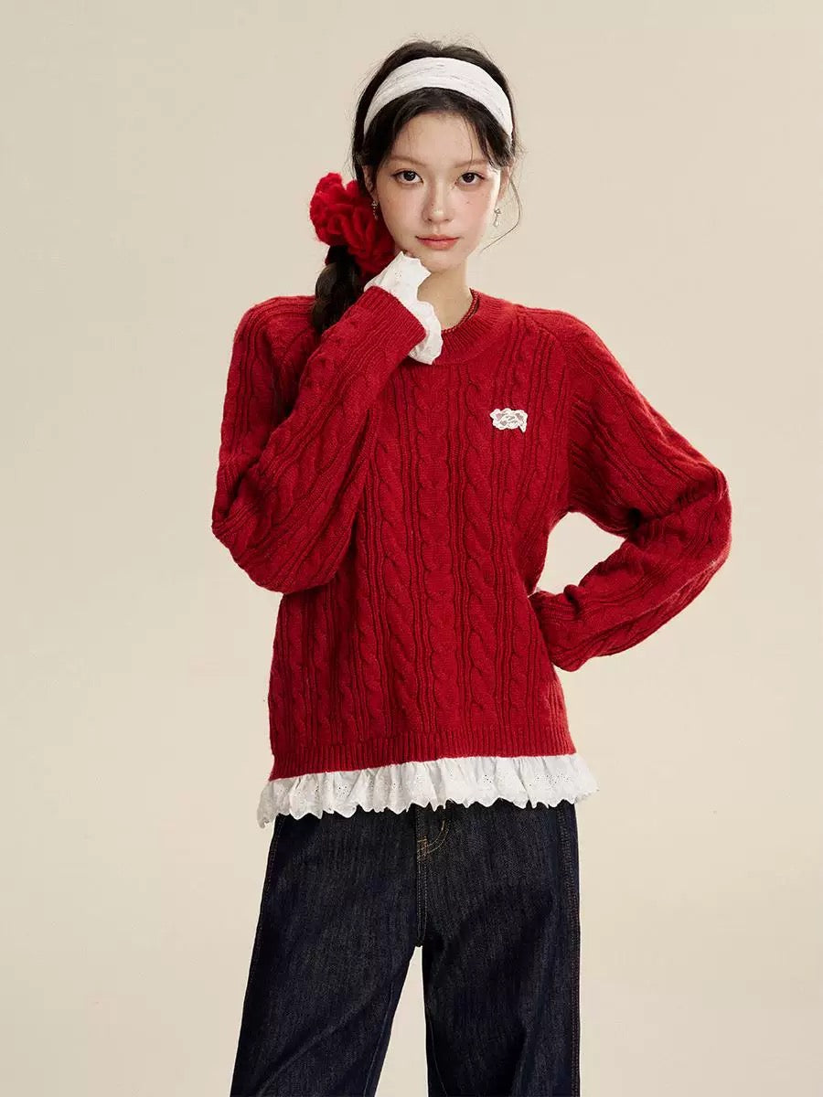 16DEWS 16D24474 Wool Knitted Lace Splicing Sweater