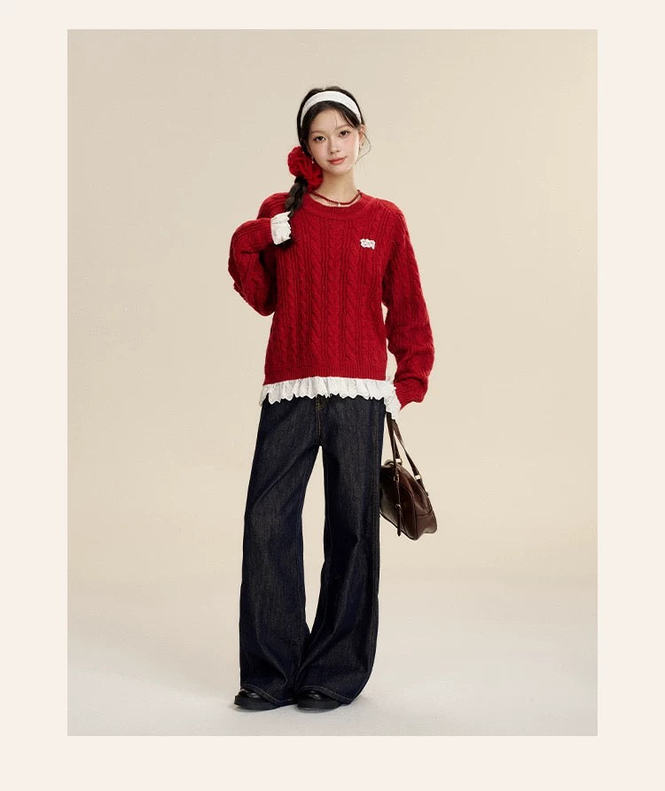 16DEWS 16D24474 Wool Knitted Lace Splicing Sweater