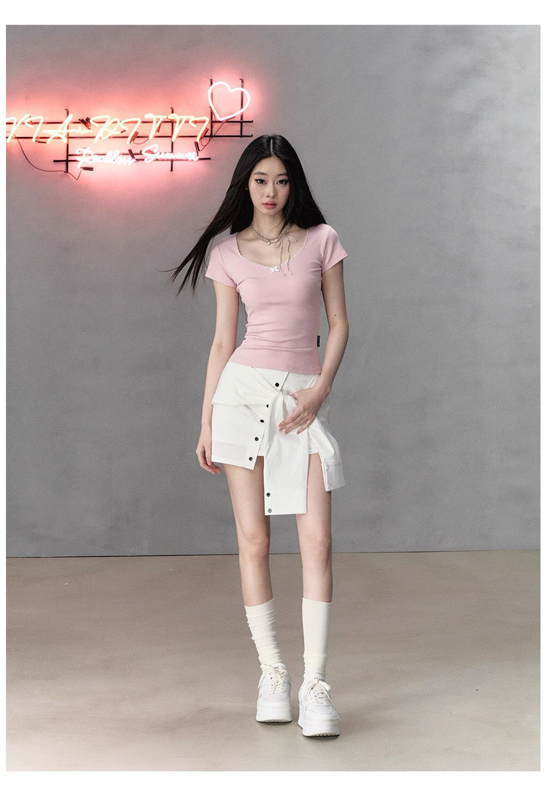 VIA PITTI VIABTP234 Lace bow short sleeved top