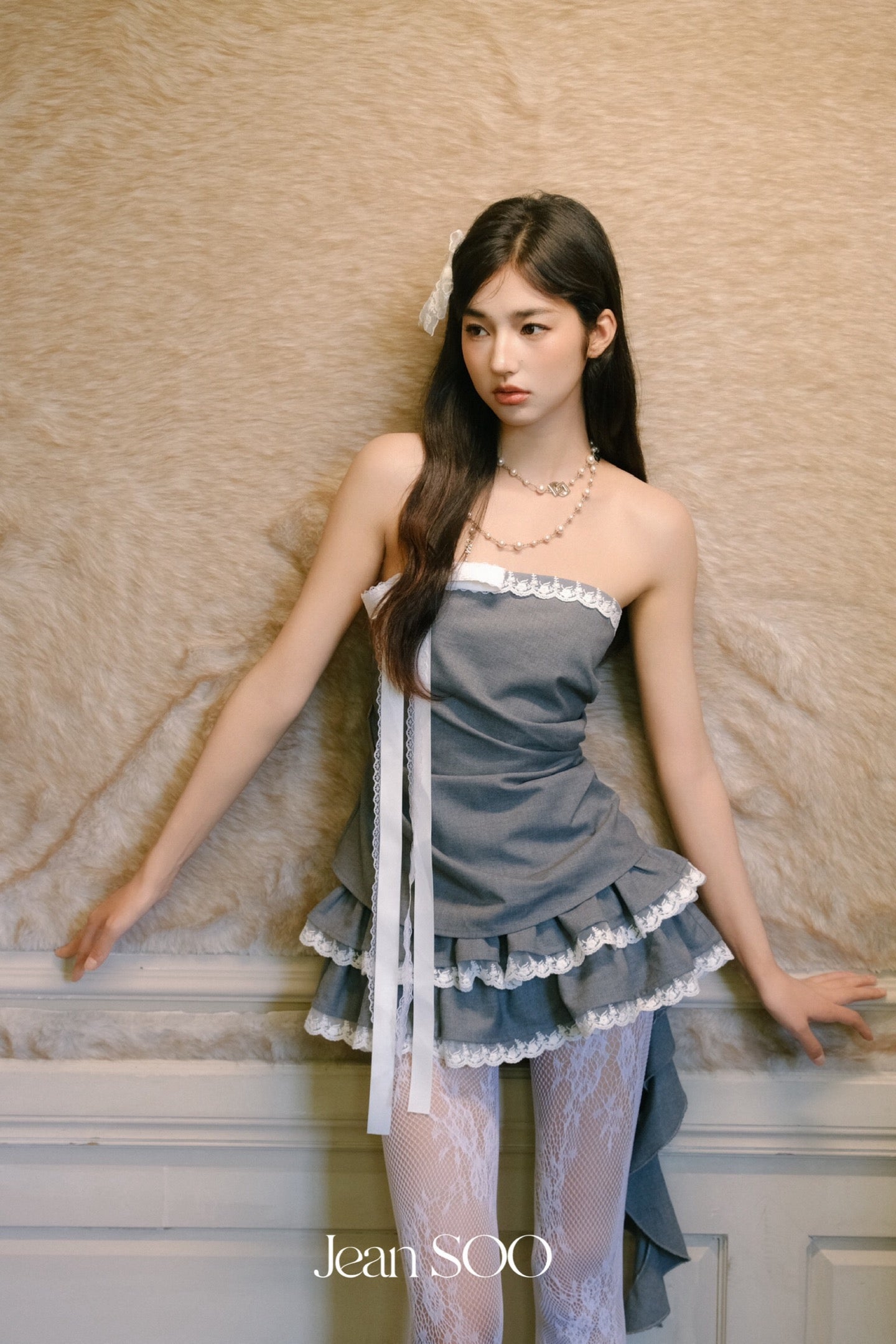 Jean Soo Lace bow strapless top + skirt set