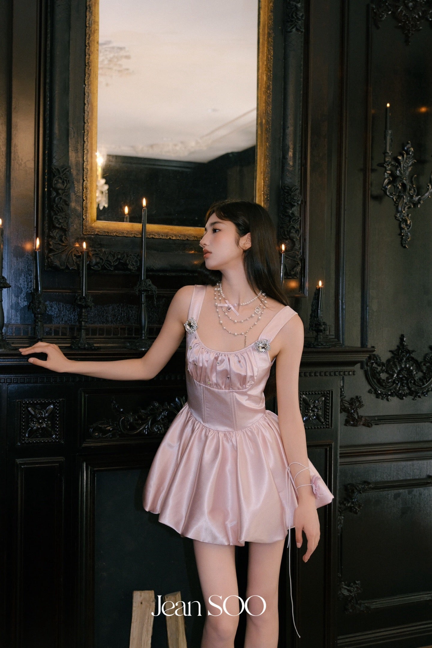 Jean Soo Peach pink diamond waist cinching fluffy dress