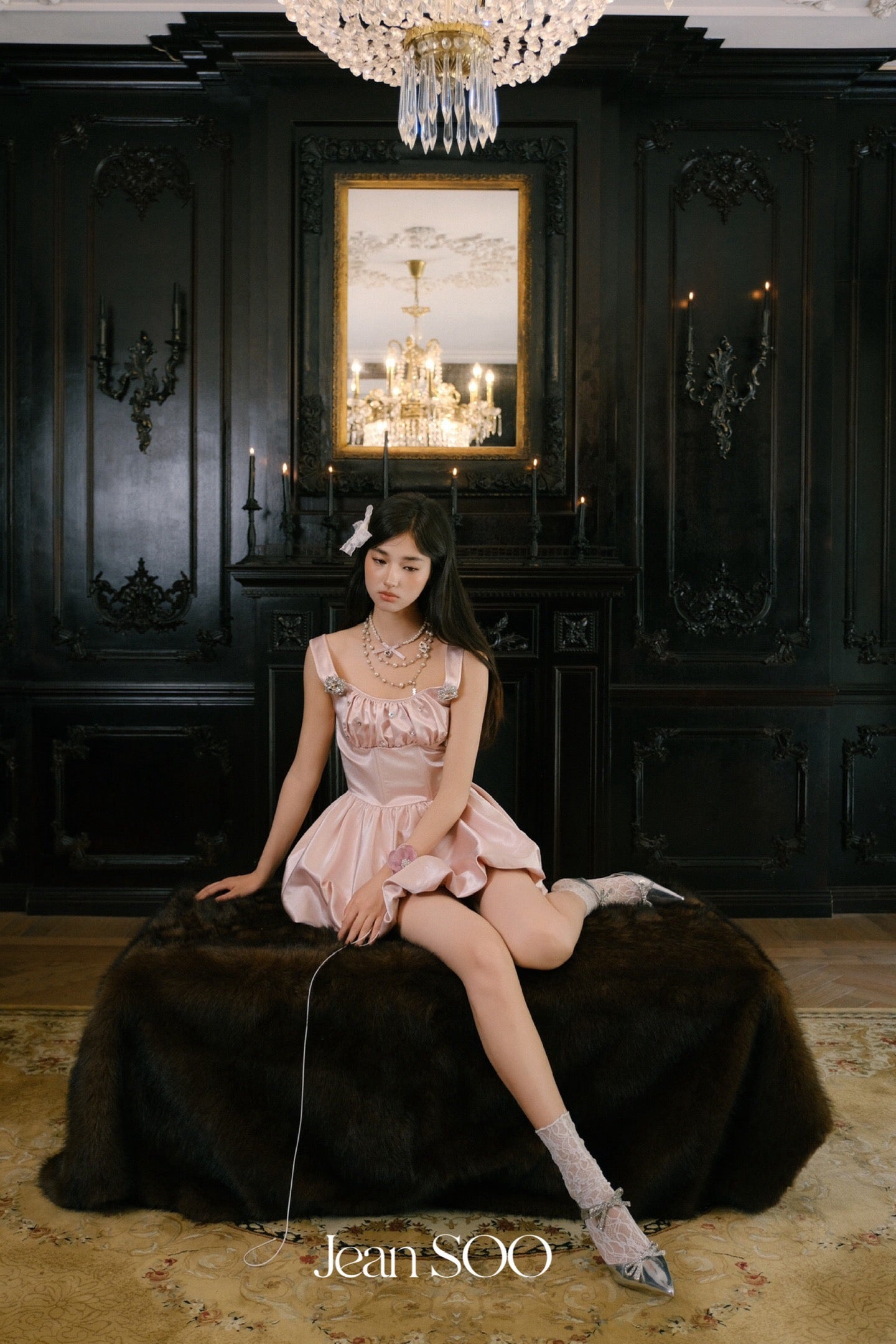 Jean Soo Peach pink diamond waist cinching fluffy dress