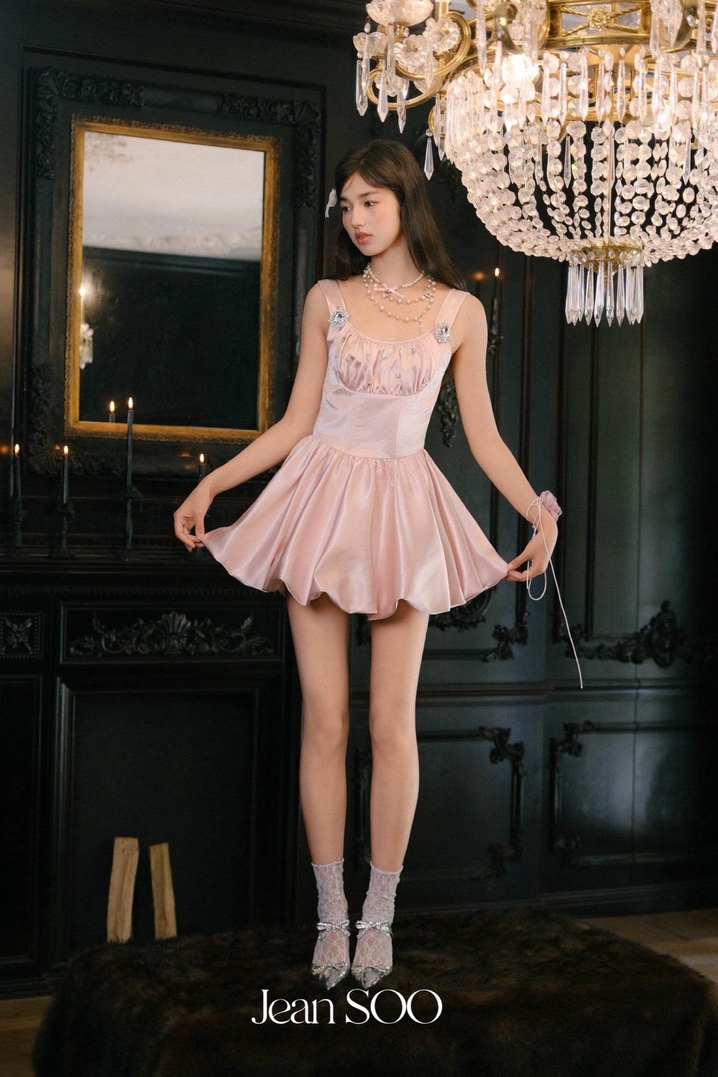 Jean Soo Peach pink diamond waist cinching fluffy dress