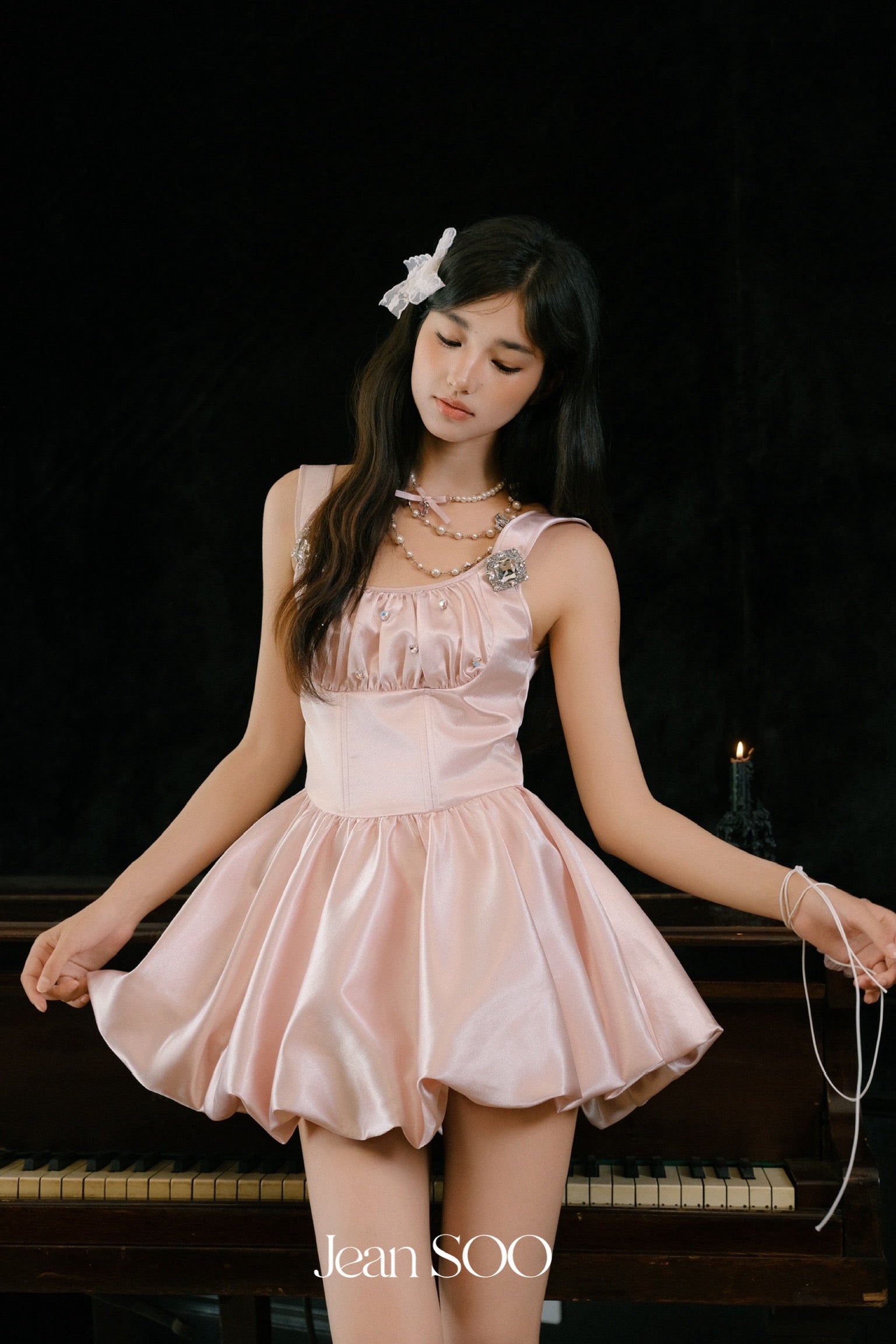 Jean Soo Peach pink diamond waist cinching fluffy dress