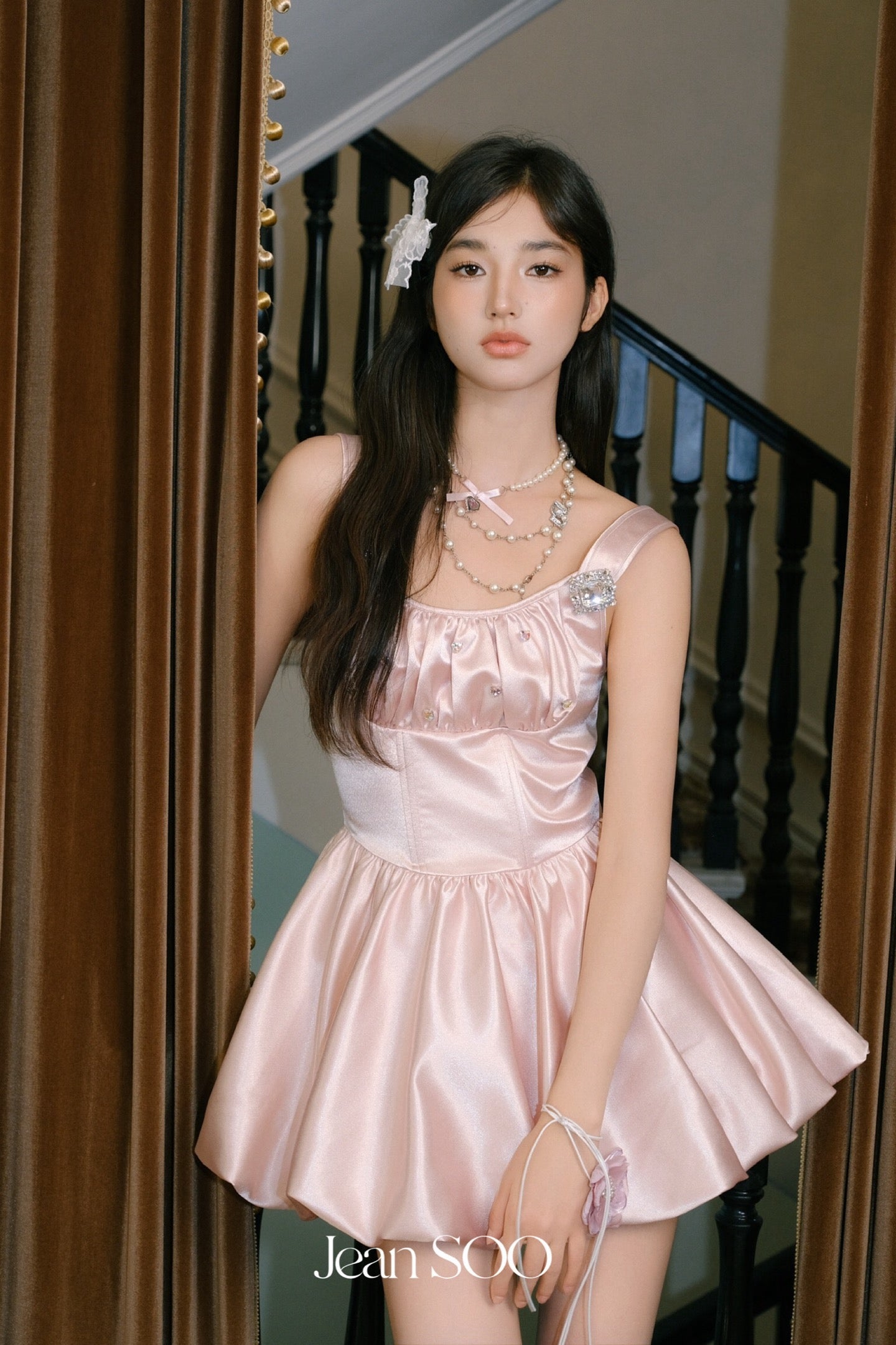 Jean Soo Peach pink diamond waist cinching fluffy dress