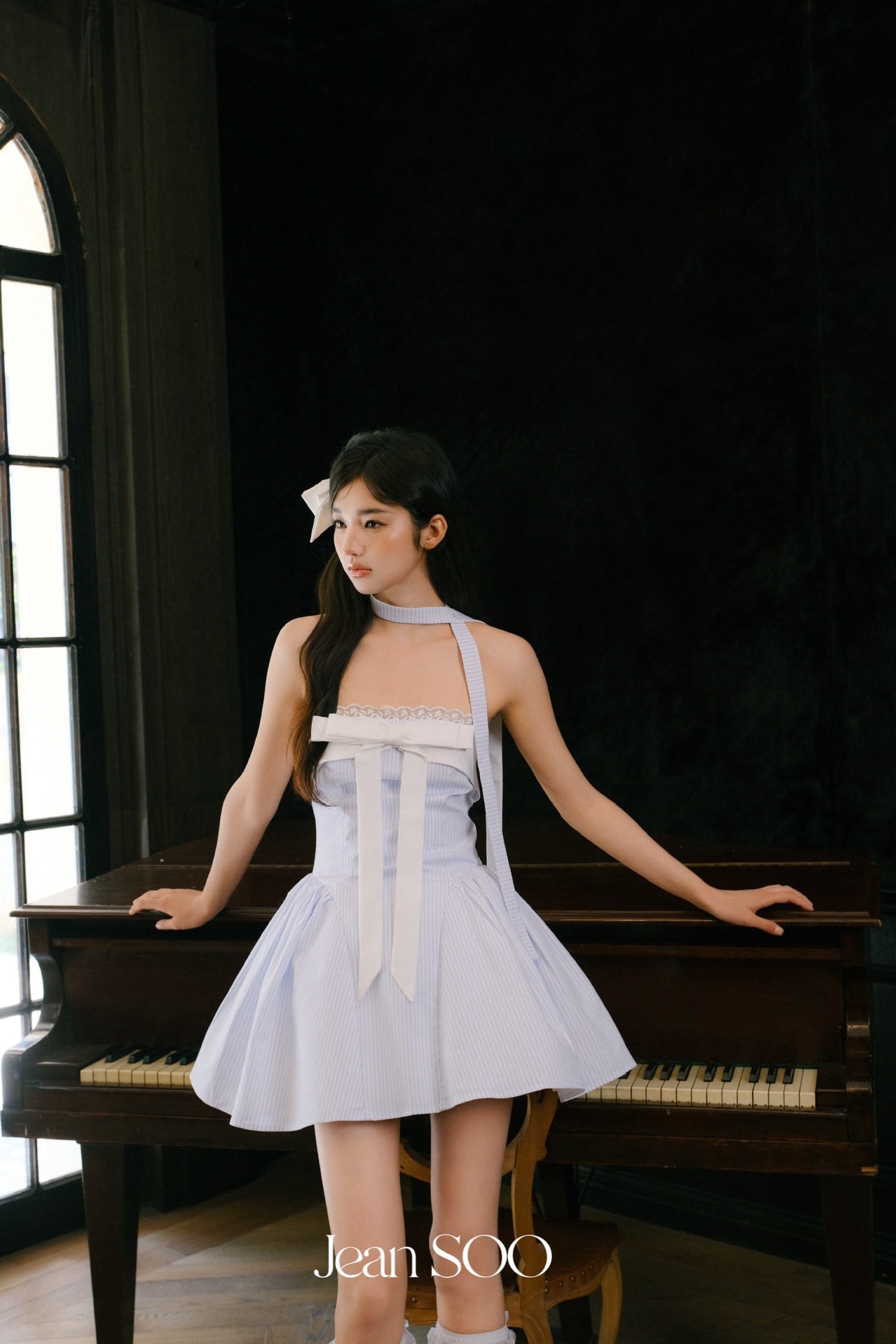 Jean Soo Mist blue patchwork bow fluffy dress