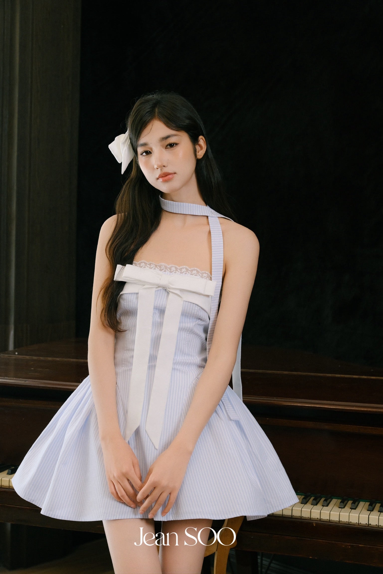 Jean Soo Mist blue patchwork bow fluffy dress