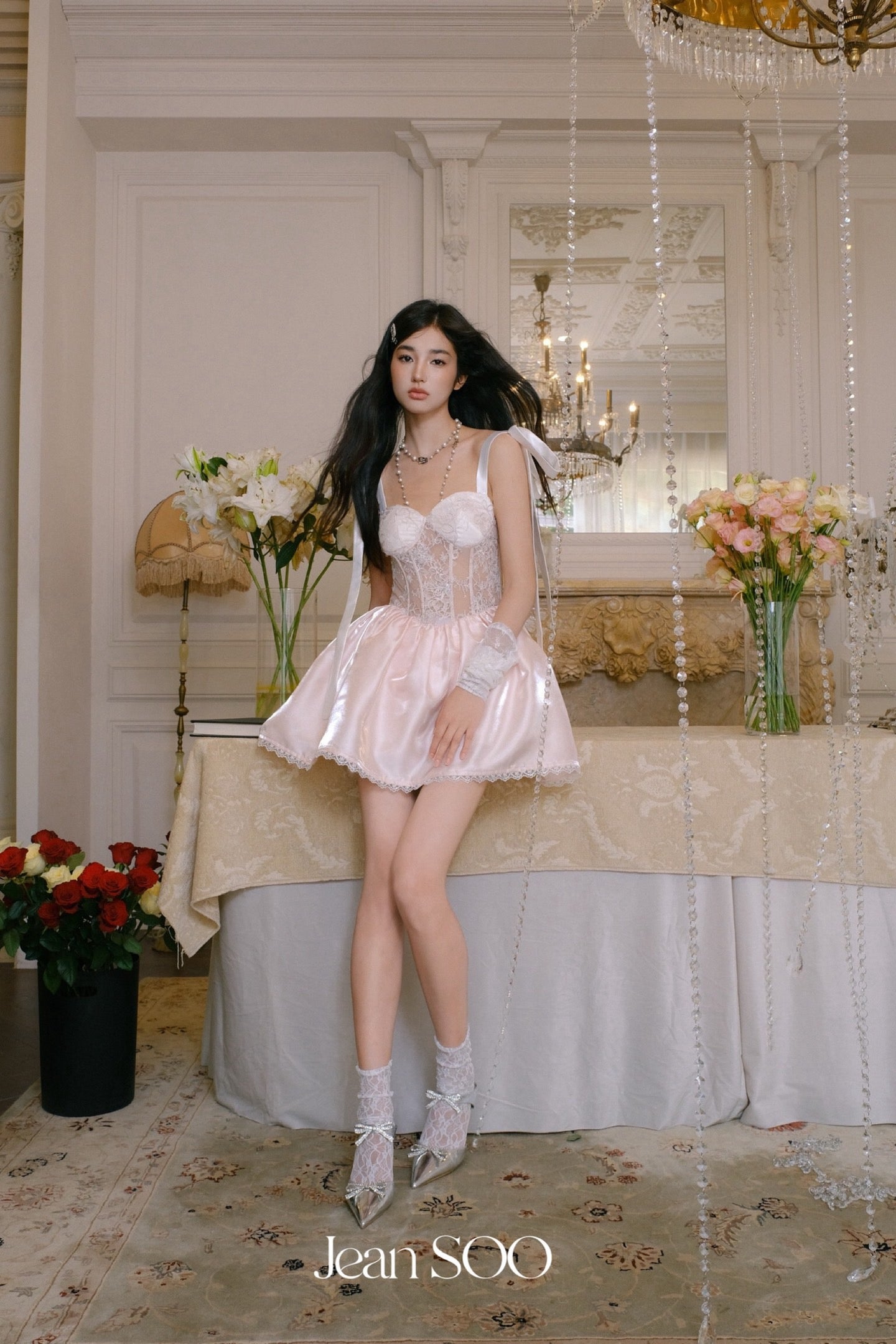 Jean Soo Fishbone waist cinching satin lace camisole dress