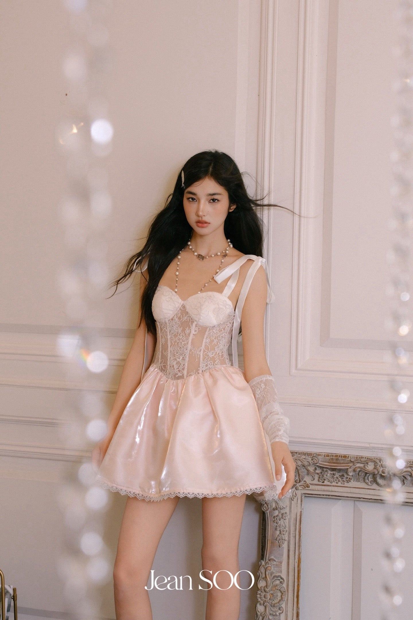 Jean Soo Fishbone waist cinching satin lace camisole dress