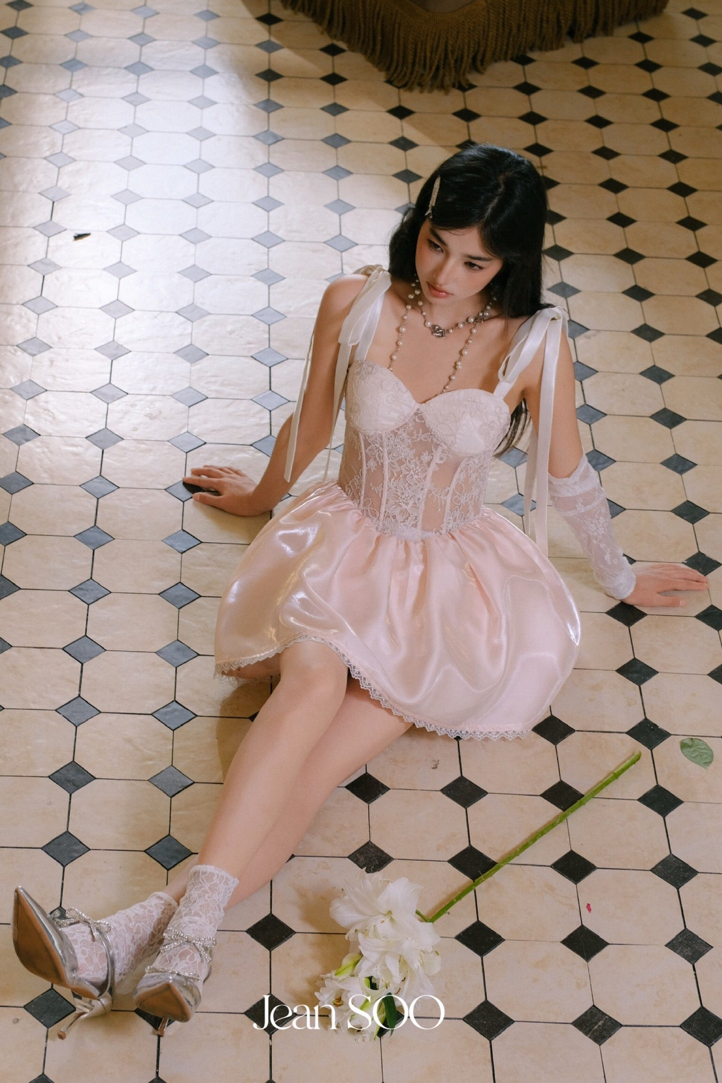 Jean Soo Fishbone waist cinching satin lace camisole dress