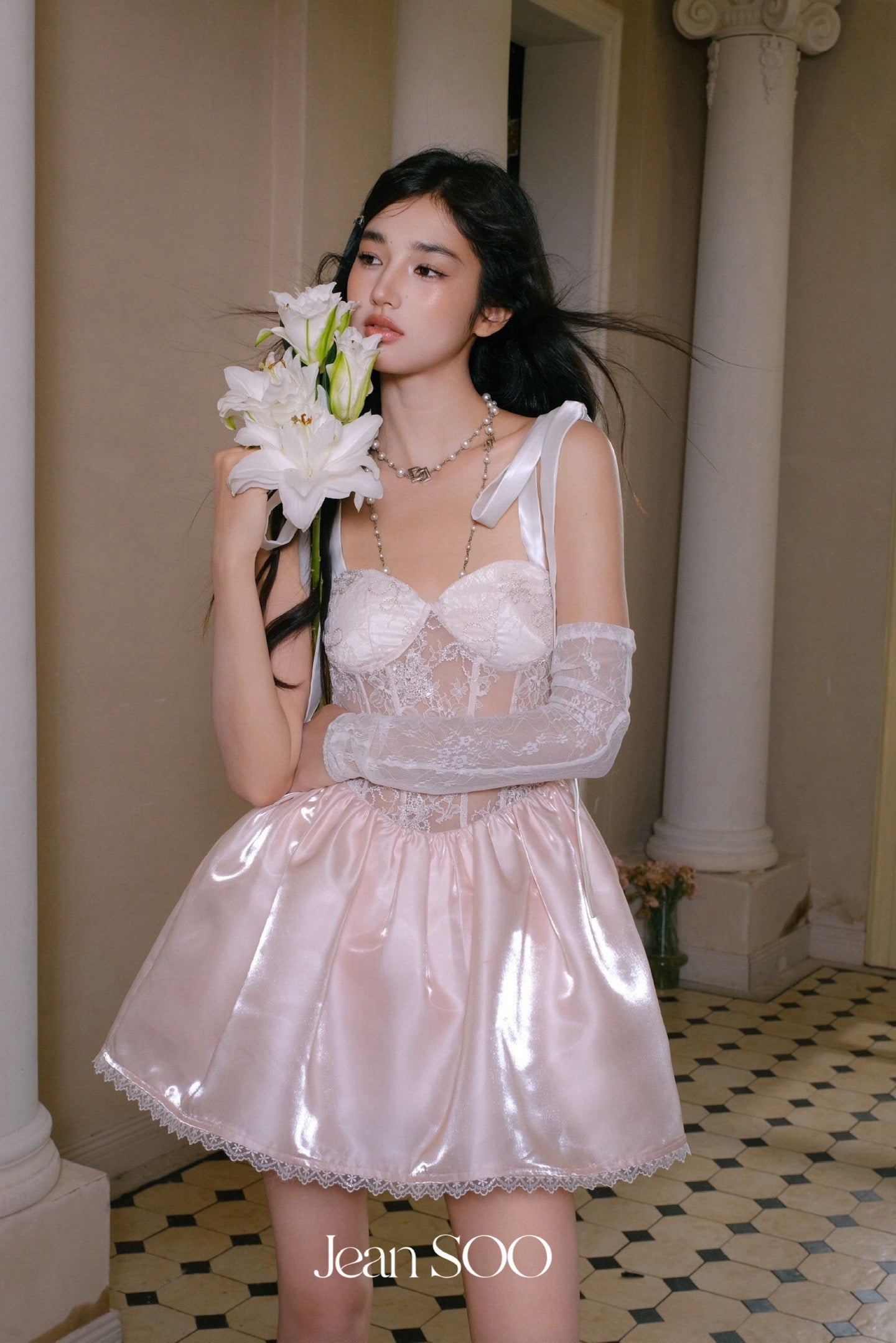 Jean Soo Fishbone waist cinching satin lace camisole dress