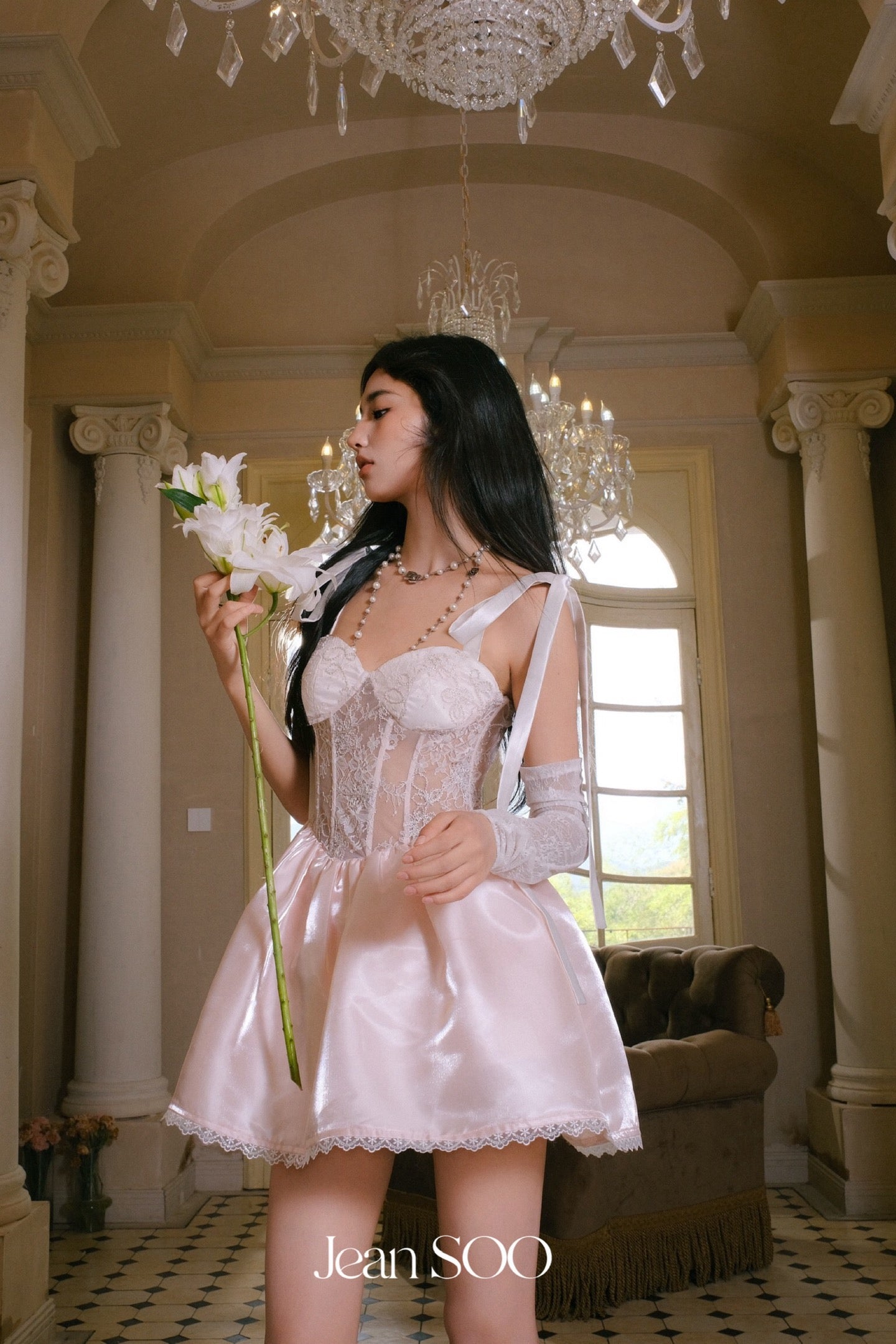 Jean Soo Fishbone waist cinching satin lace camisole dress