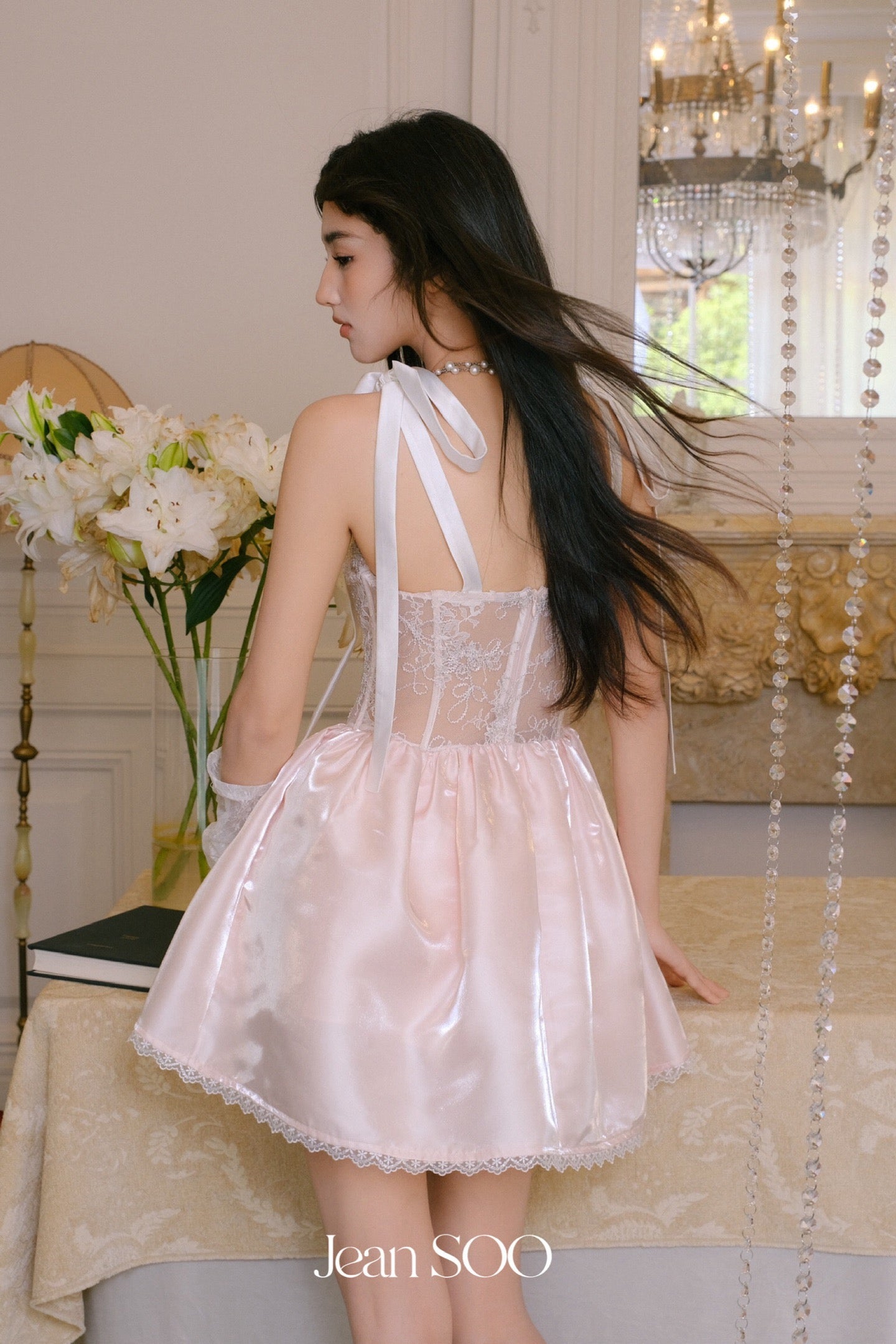 Jean Soo Fishbone waist cinching satin lace camisole dress