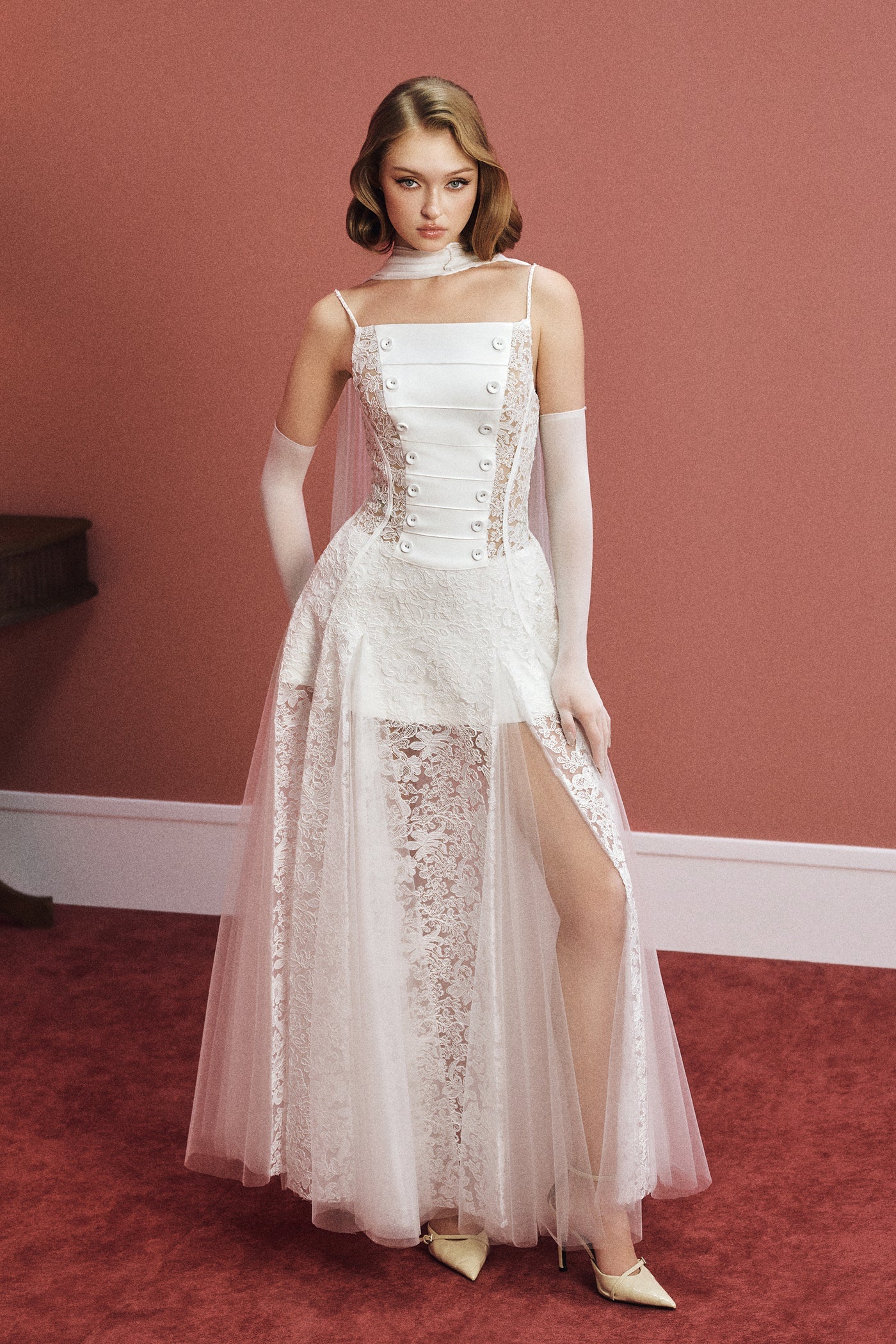 CICI MARIEL Scarf-Neck Lace Maxi Dress