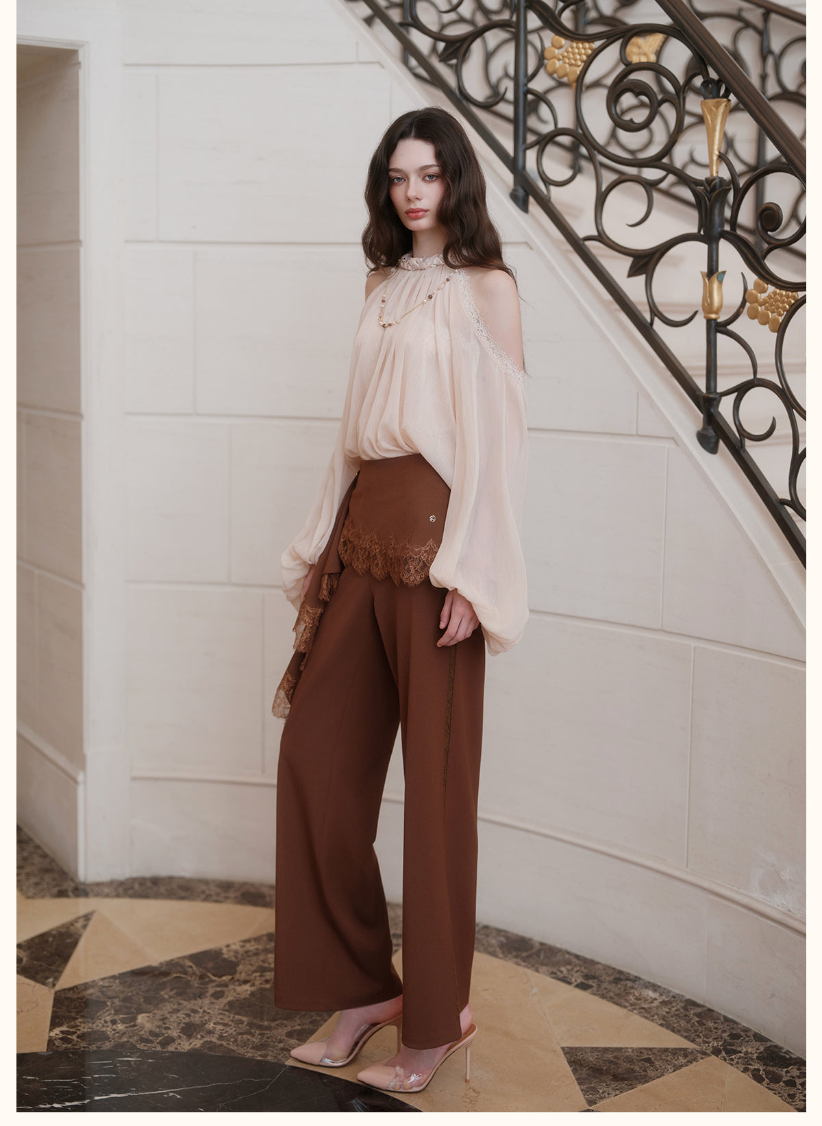 SHEERLUCK SLKZ26722 Dune Lace-Panel Tailored Trousers-Mocha Brown