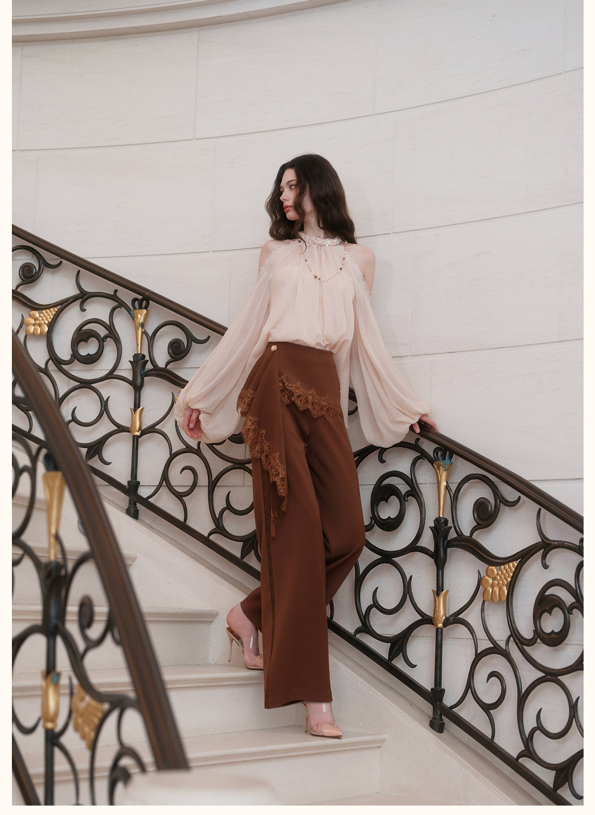 SHEERLUCK SLKZ26722 Dune Lace-Panel Tailored Trousers-Mocha Brown
