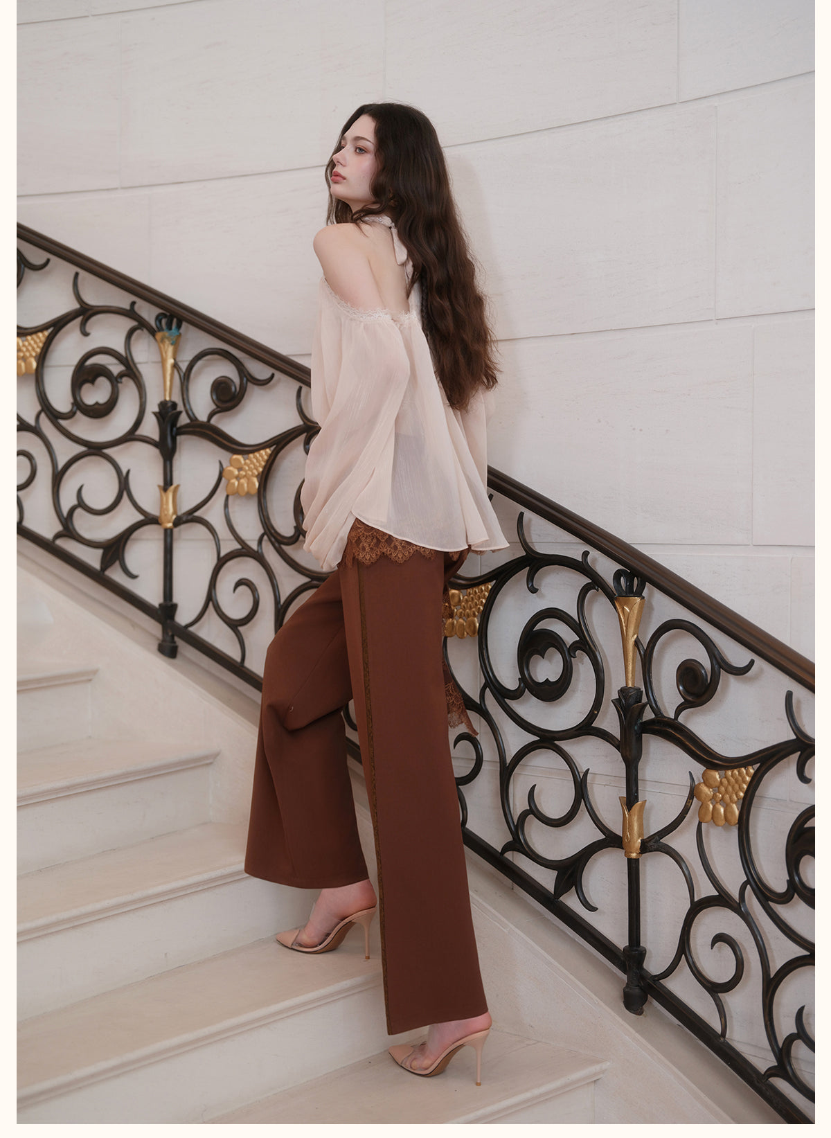 SHEERLUCK SLKZ26722 Dune Lace-Panel Tailored Trousers-Mocha Brown