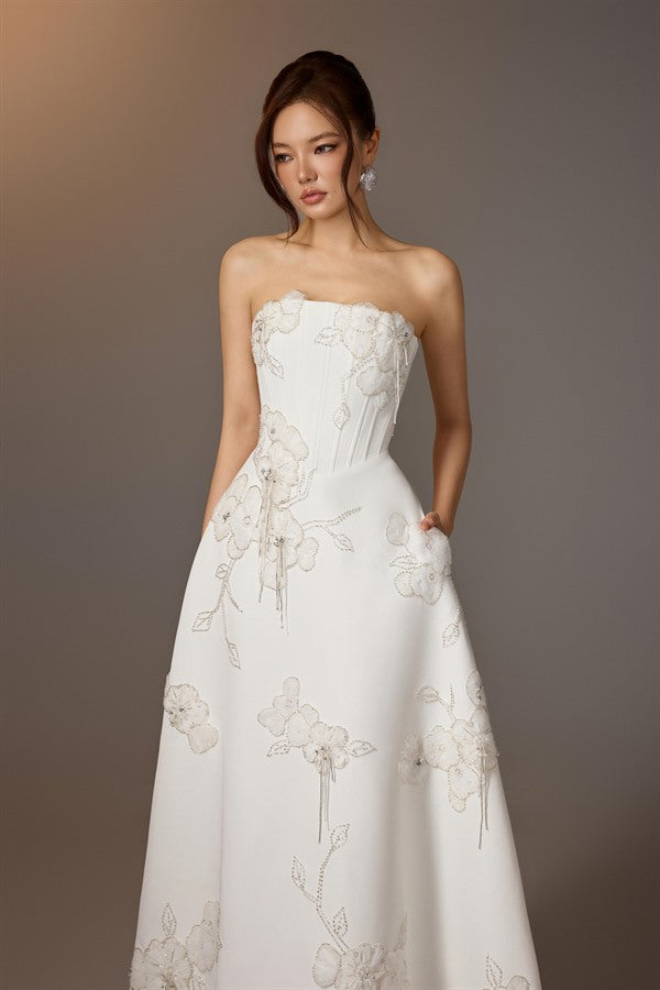 KEIRA TONG Floral Embroidered Corset Dress-White