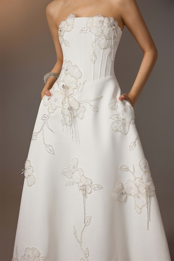 KEIRA TONG Floral Embroidered Corset Dress-White