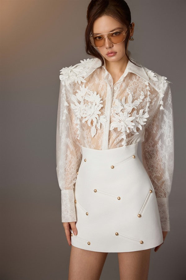 KEIRA TONG Floral Embroidered Shirt & Studded Mini Skirt