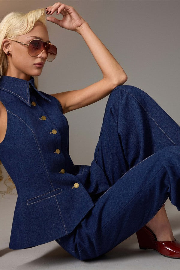 KEIRA TONG Sleeveless Denim Top & Flared Denim Pants