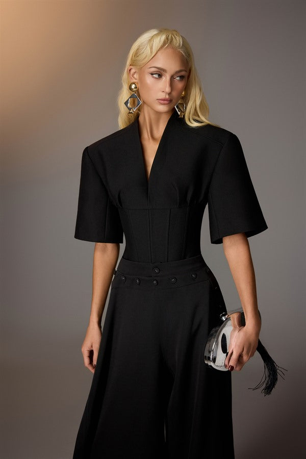 KEIRA TONG Puff-sleeve Corset Top & Layered Buttons Pants