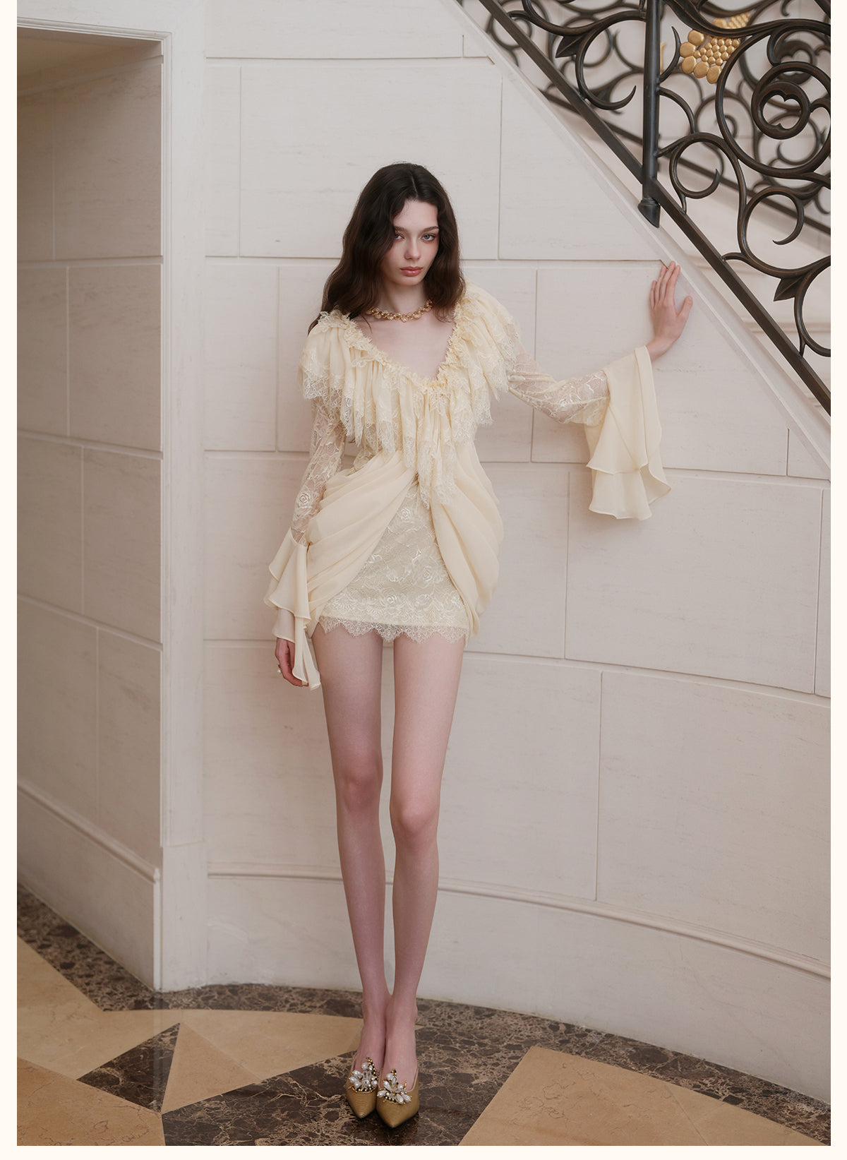 SHEERLUCK SLLYQ26713 Petali V-Neck Lace Dress-Creamy Apricot