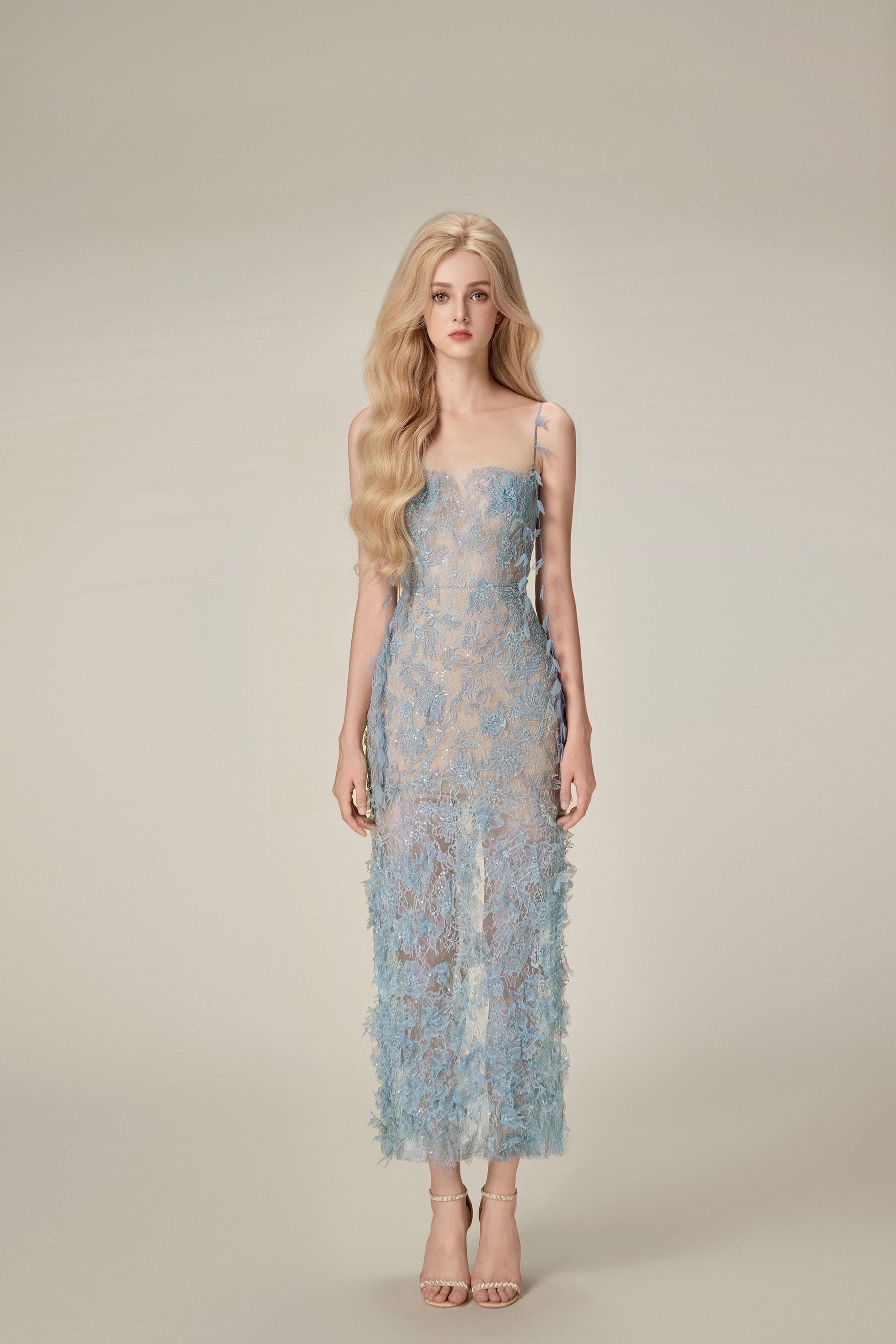Lobbster Blue Beaded Lace Pencil Dress