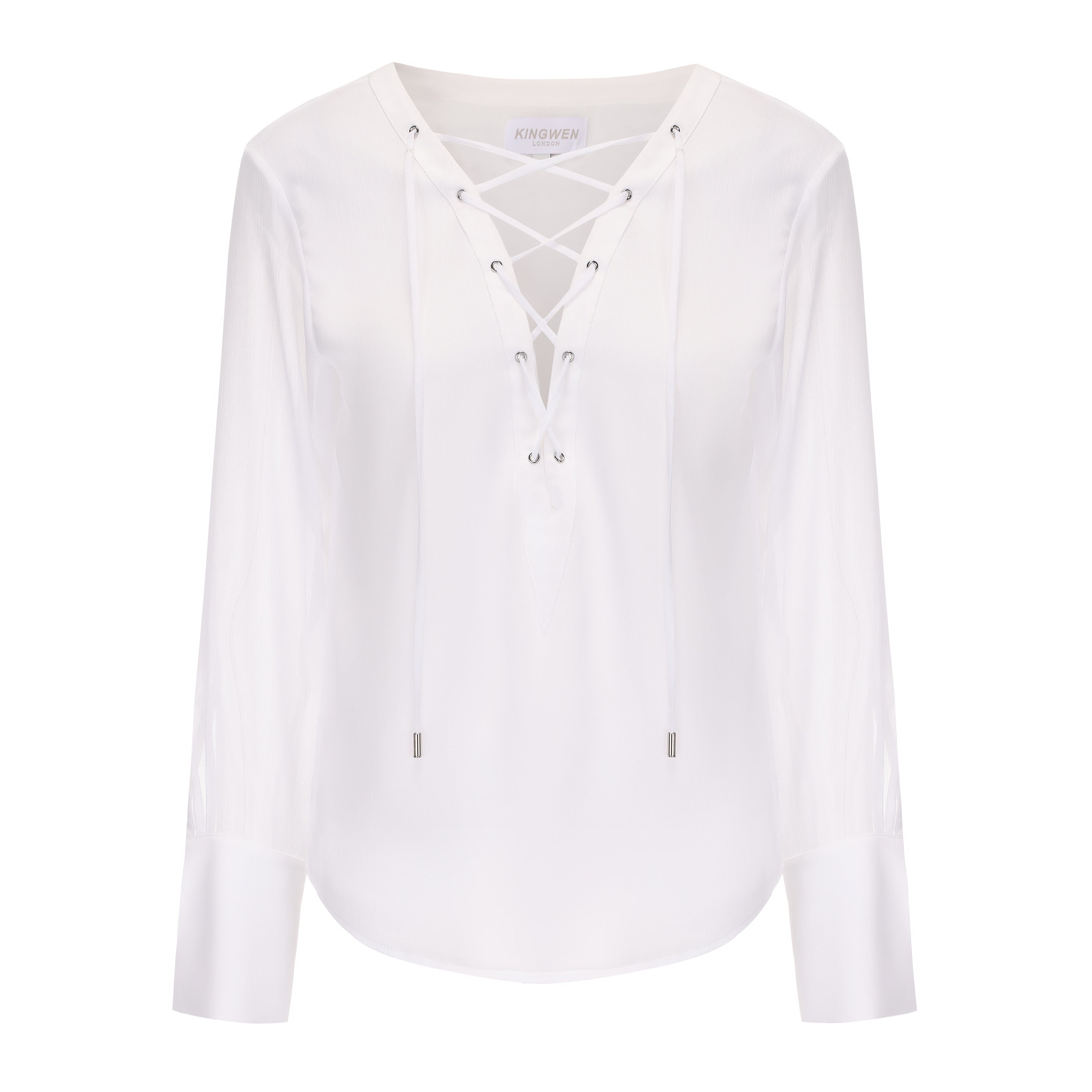 Kingwen White V-neck long sleeved shirt + Pleated ribbon skirt set (seperate)