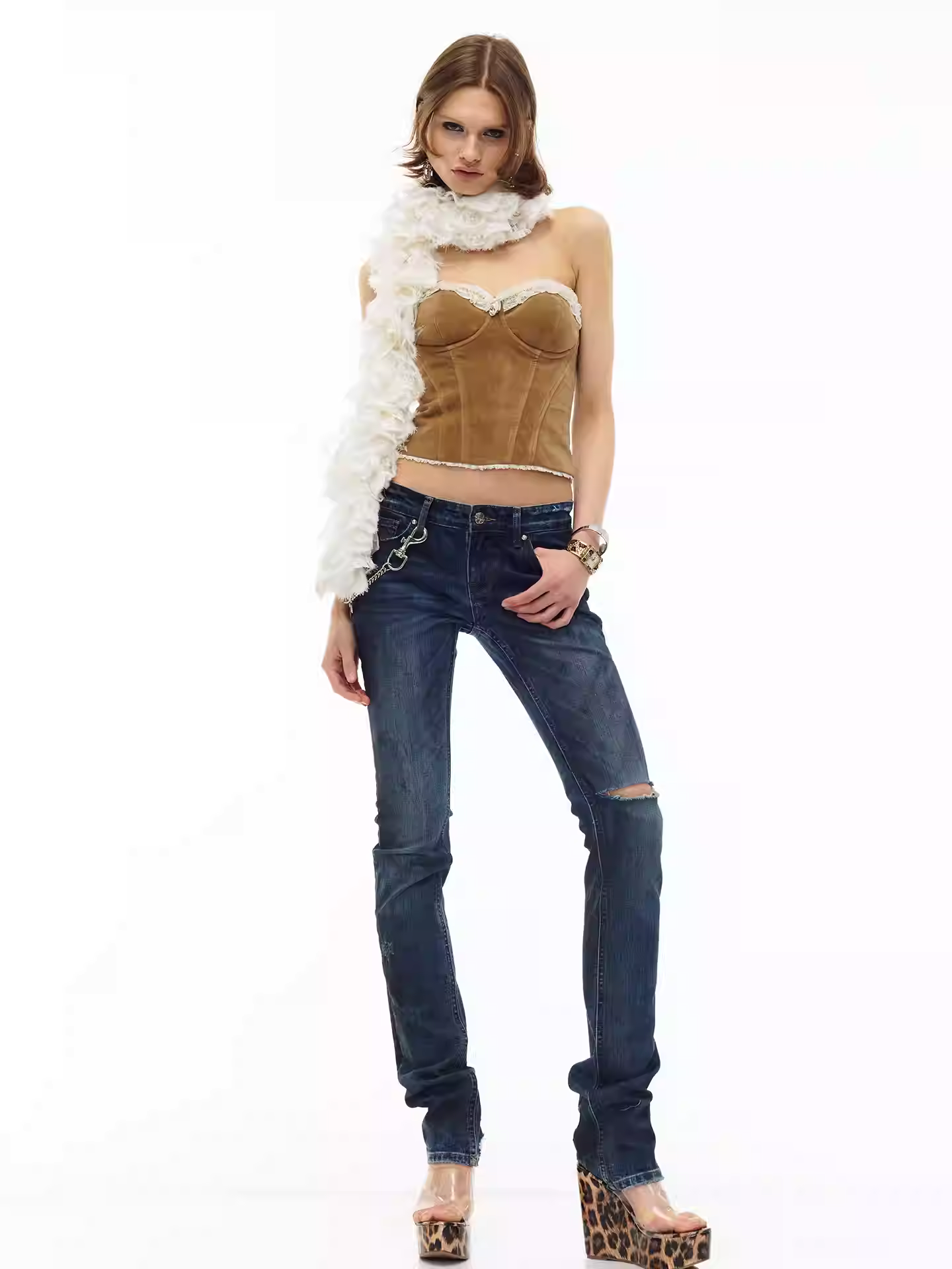 JELLOJELLO Suede patchwork lace diamond chain fishbone strapless top