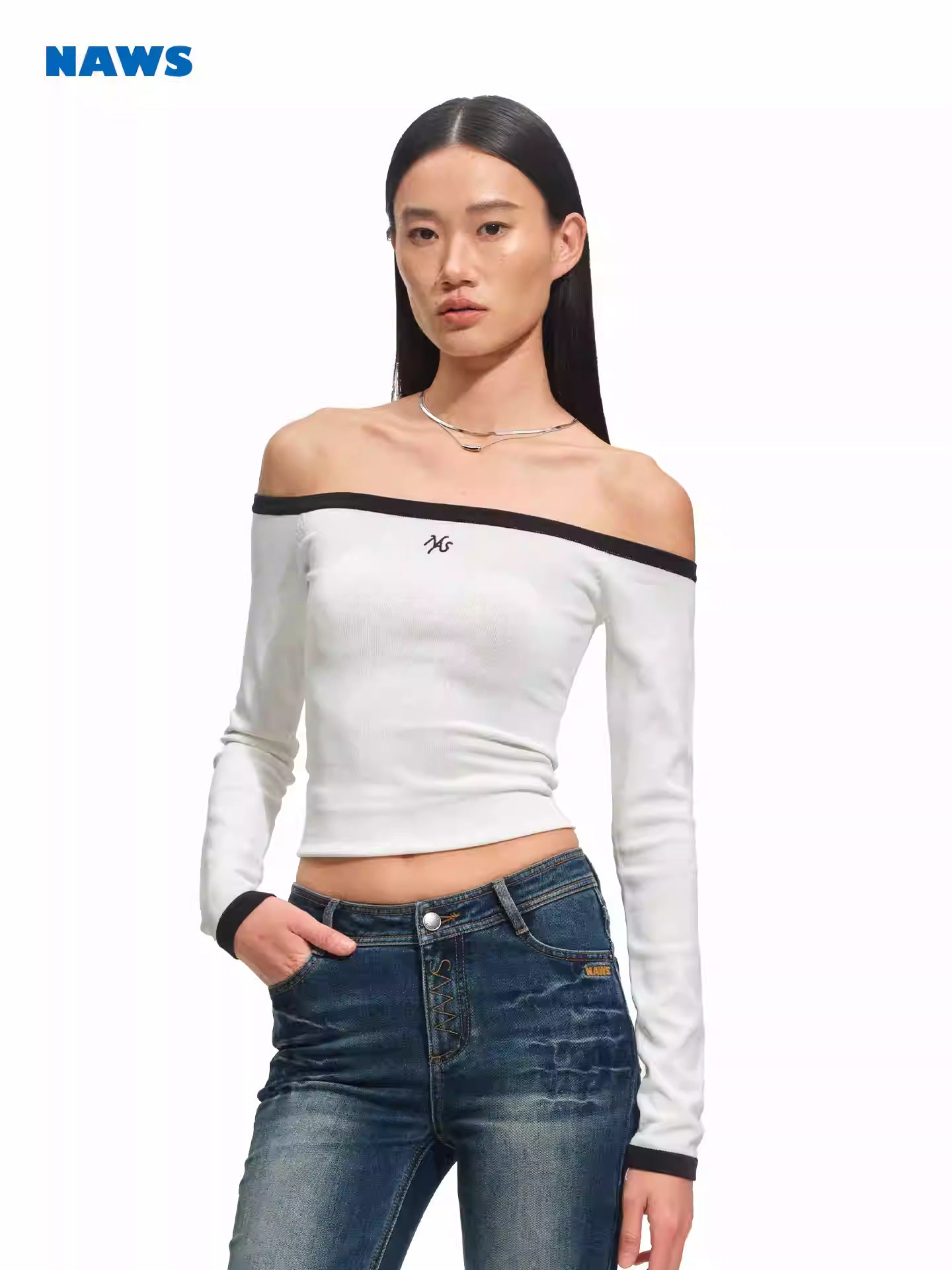 NAWS One shoulder off shoulder elastic knitted top