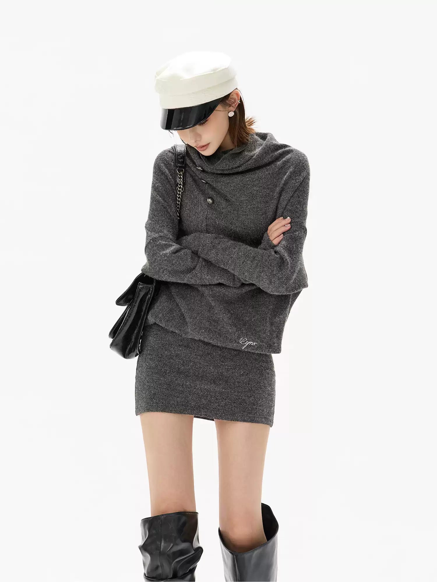 CYNR Pile collar irregular wool knitted dress (without belt)