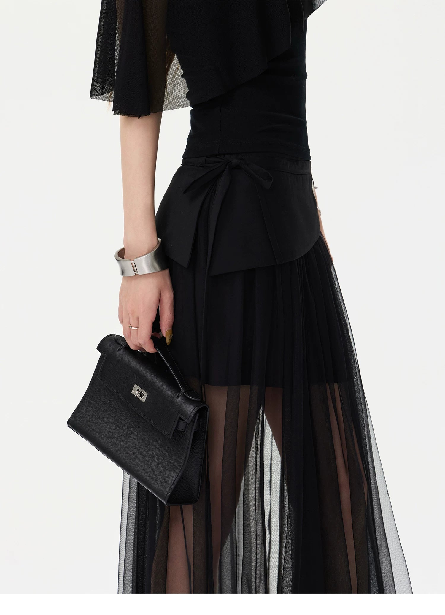 CYNR Asymmetric Shoulder Top & Mesh Skirt Set
