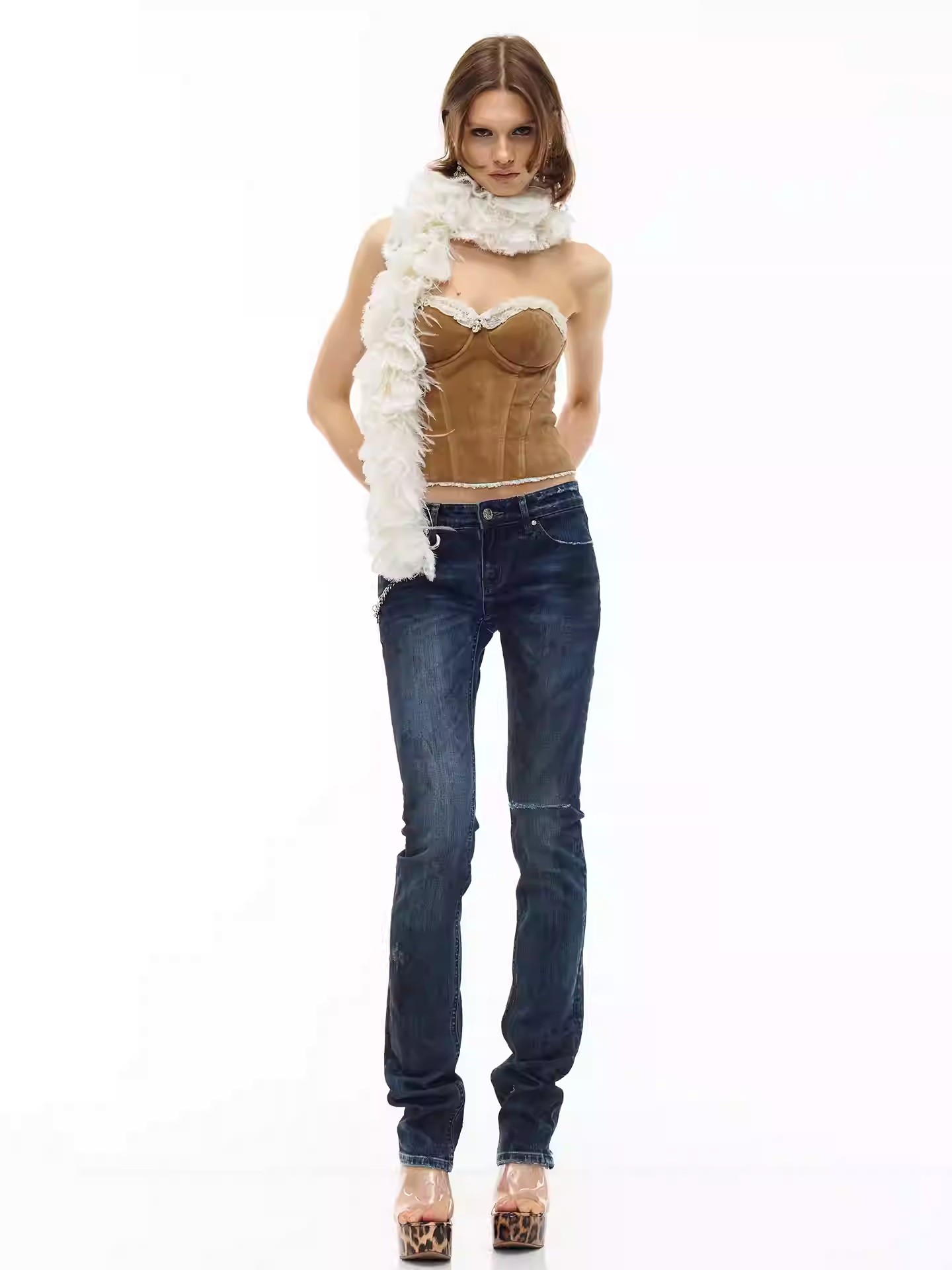 JELLOJELLO Suede patchwork lace diamond chain fishbone strapless top