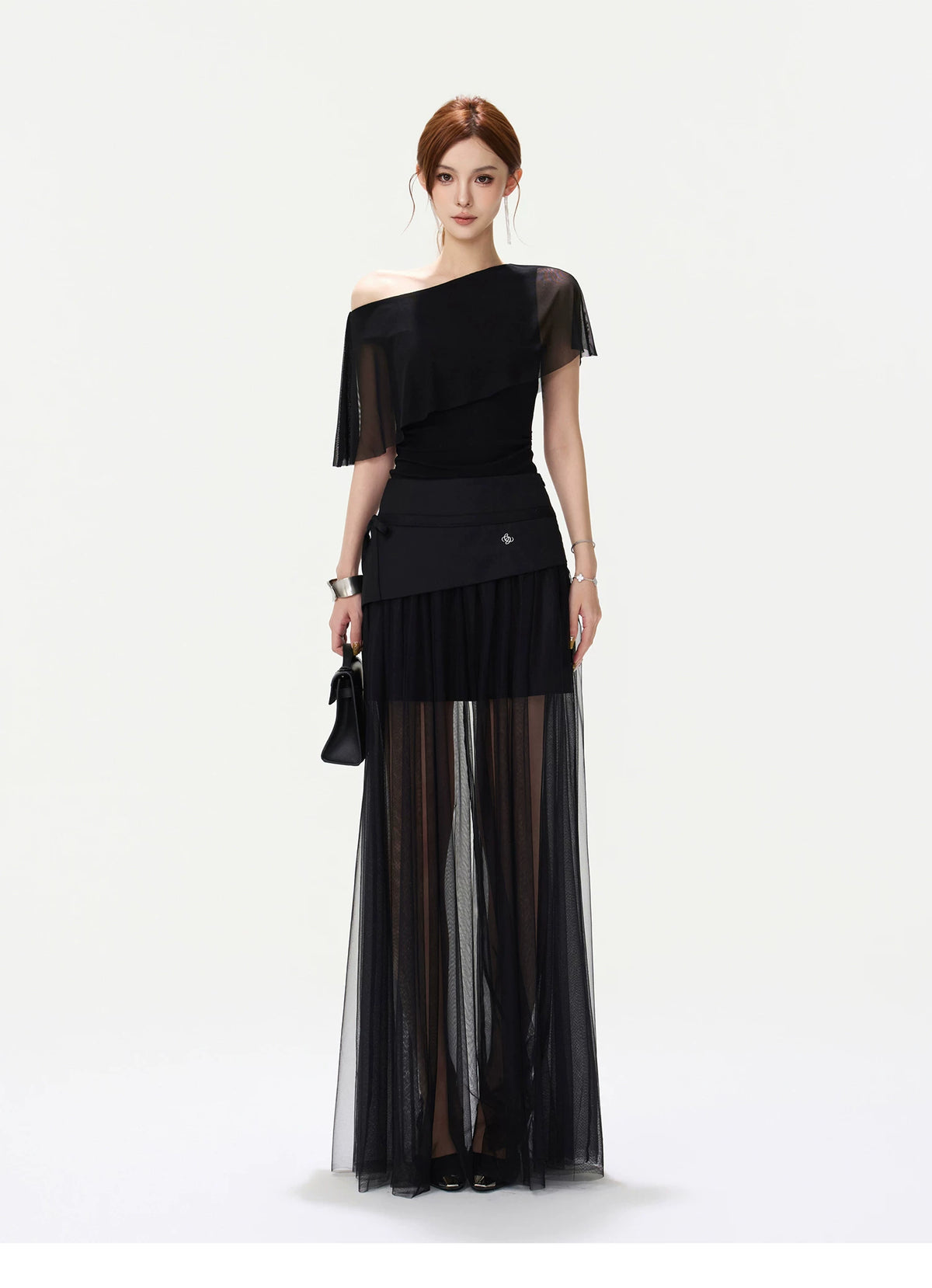 CYNR Asymmetric Shoulder Top & Mesh Skirt Set