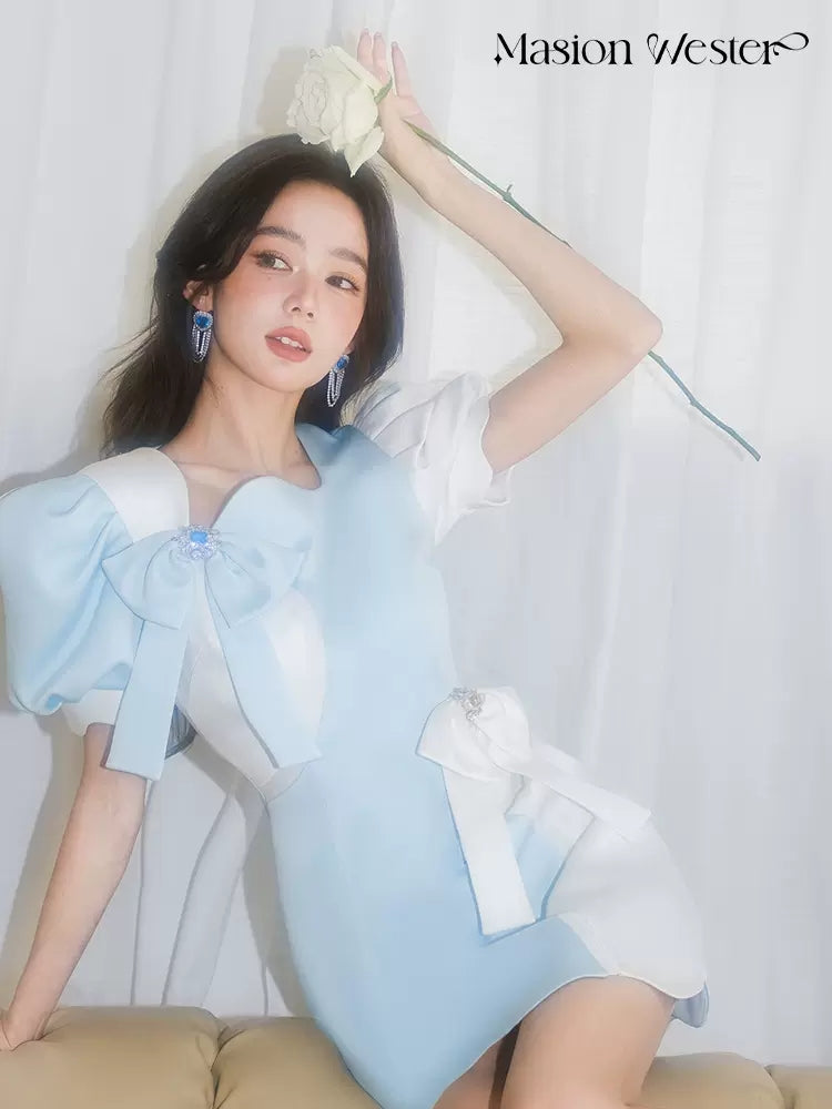 Masion Wester Bowknot Blue White Dress