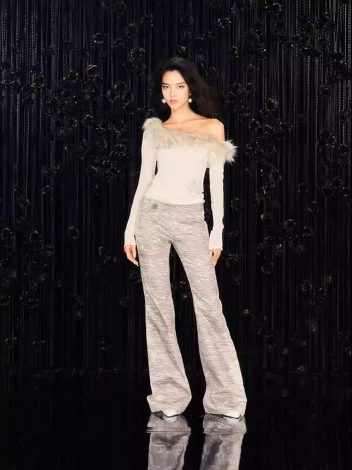 JELLOJELLO Rose rhinestone animal pattern fur acetate silk knitted off shoulder top