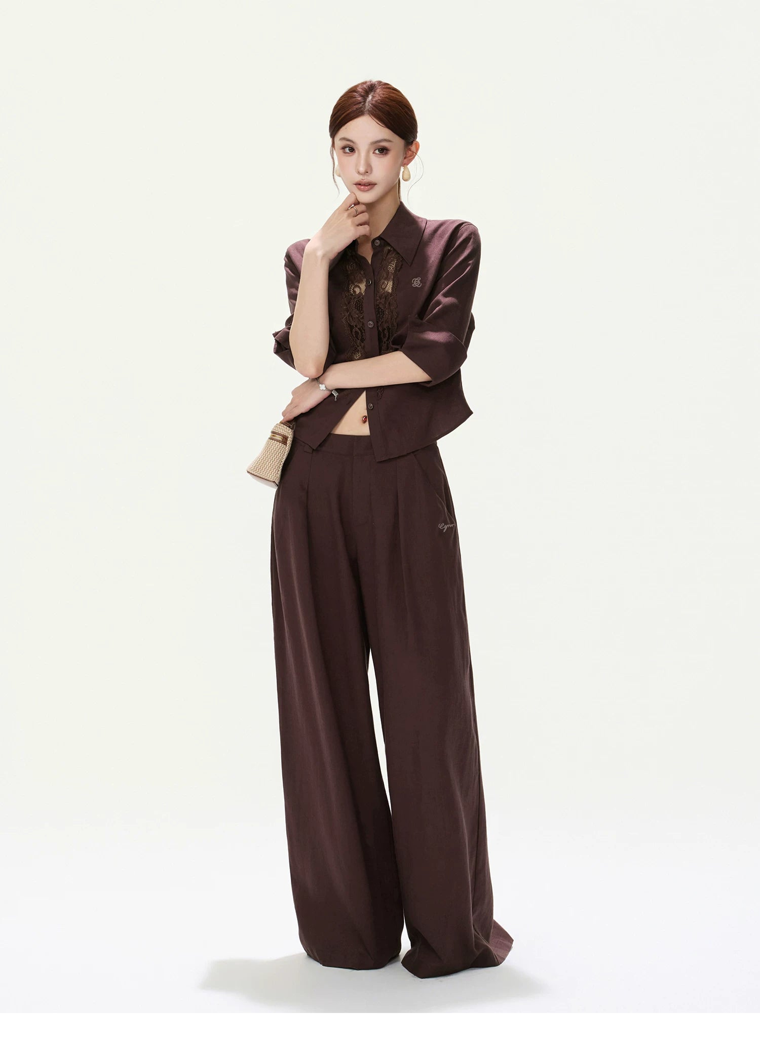 CYNR Lace Cut-Out Blouse and Wide-Leg Pants Set