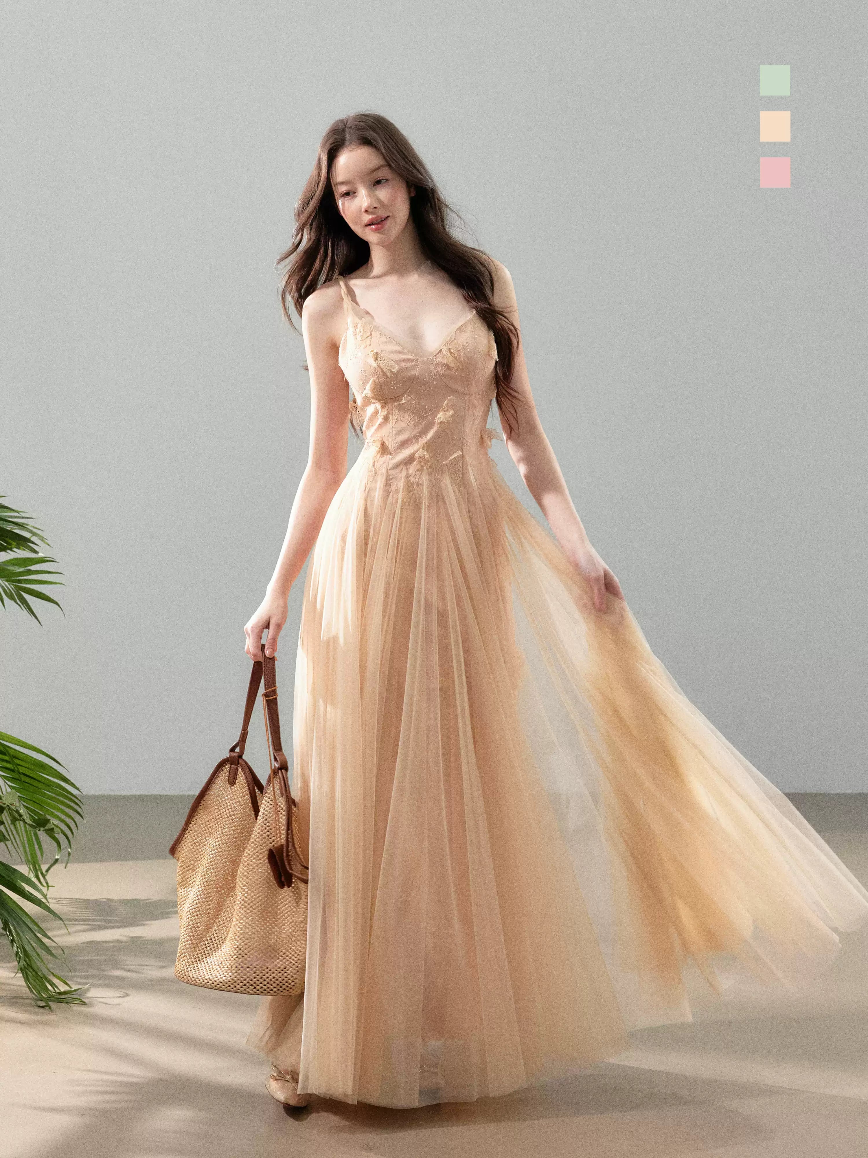 YZZI HE French mesh splicing holiday camisole fairy dress
