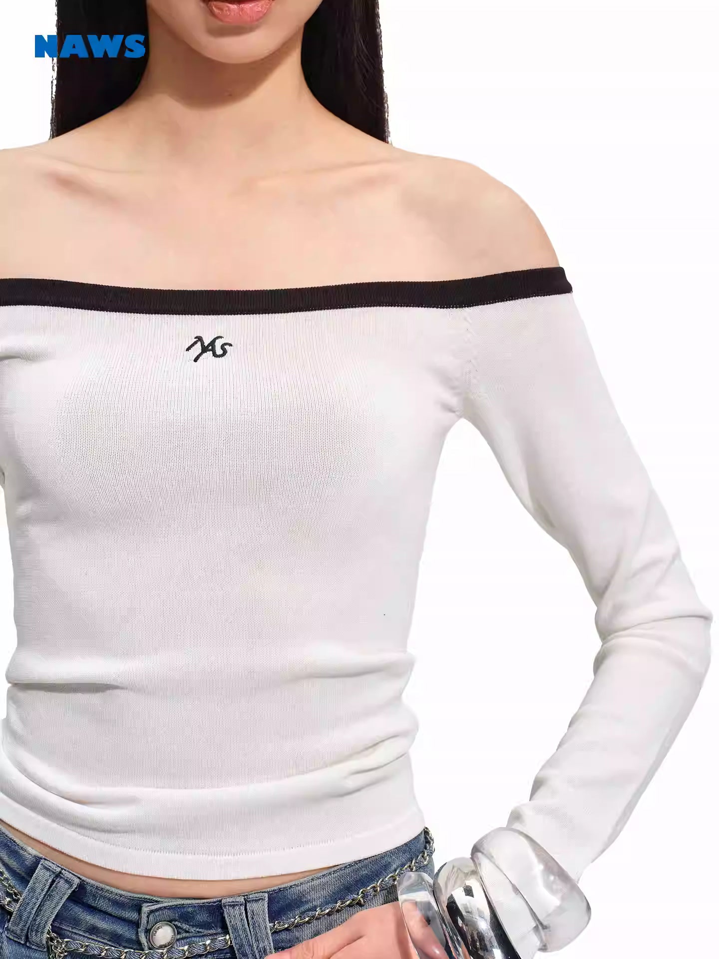 NAWS One shoulder off shoulder elastic knitted top