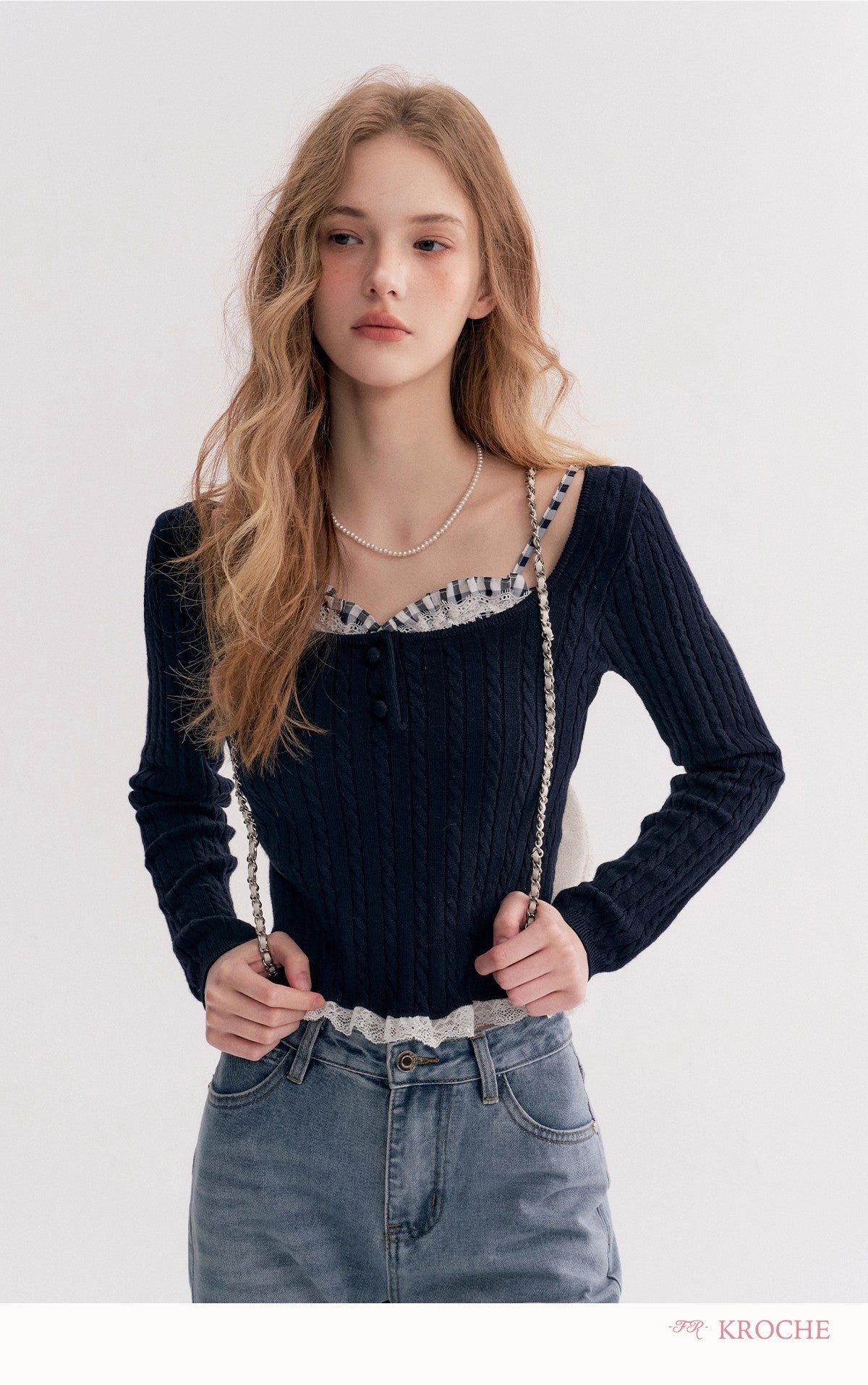 Kroche Faux Layered Cable-Knit Sweater(3 color)